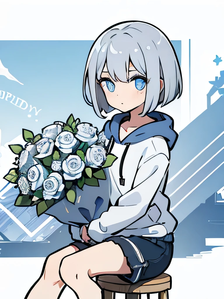 girl,Silver Hair,blue eyes,Bob,birthday,whole body,White hoodie,Grey shorts,bouquet
