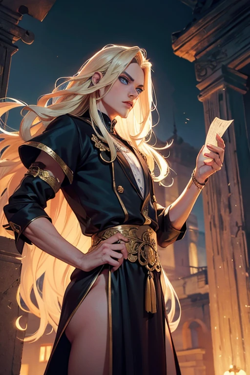 papel de parede 8k extremamente detalhado, Tema escuro, Vampire the Masquerade, Horror moderno, classic antiquity, homem adolescente, femboy shape, very pale skin, very skinny, wearing greek clothing, fotografia premiada, rosto centrado, Roger Garth face, foto de meio corpo:1.1, blonde hair, very long hair, wavy hair, floating hair, light-blue eyes, seductive, expression, lighting dramatic
