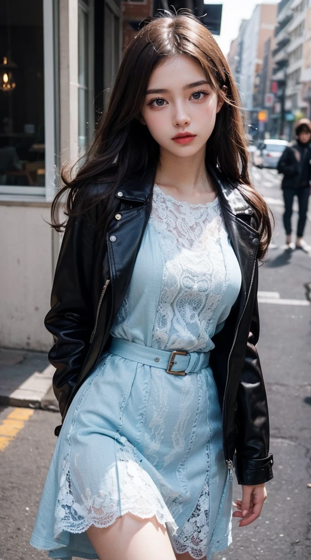 (Black rider jacket:1.1), (masterpiece, highest quality, pretty girl, Beautiful Face, 8k, RAW Photos, Realistic, Absurd:1.2), teens, Cowboy Shot, Dutch Angle, Face Light, Film Grain, chromatic aberration, High resolution, Super detailed, In detail, Light blue ruffle lace dress, Detailed skin, eyes and face, Sharp pupils, Realistic students, Sharp focus, street
