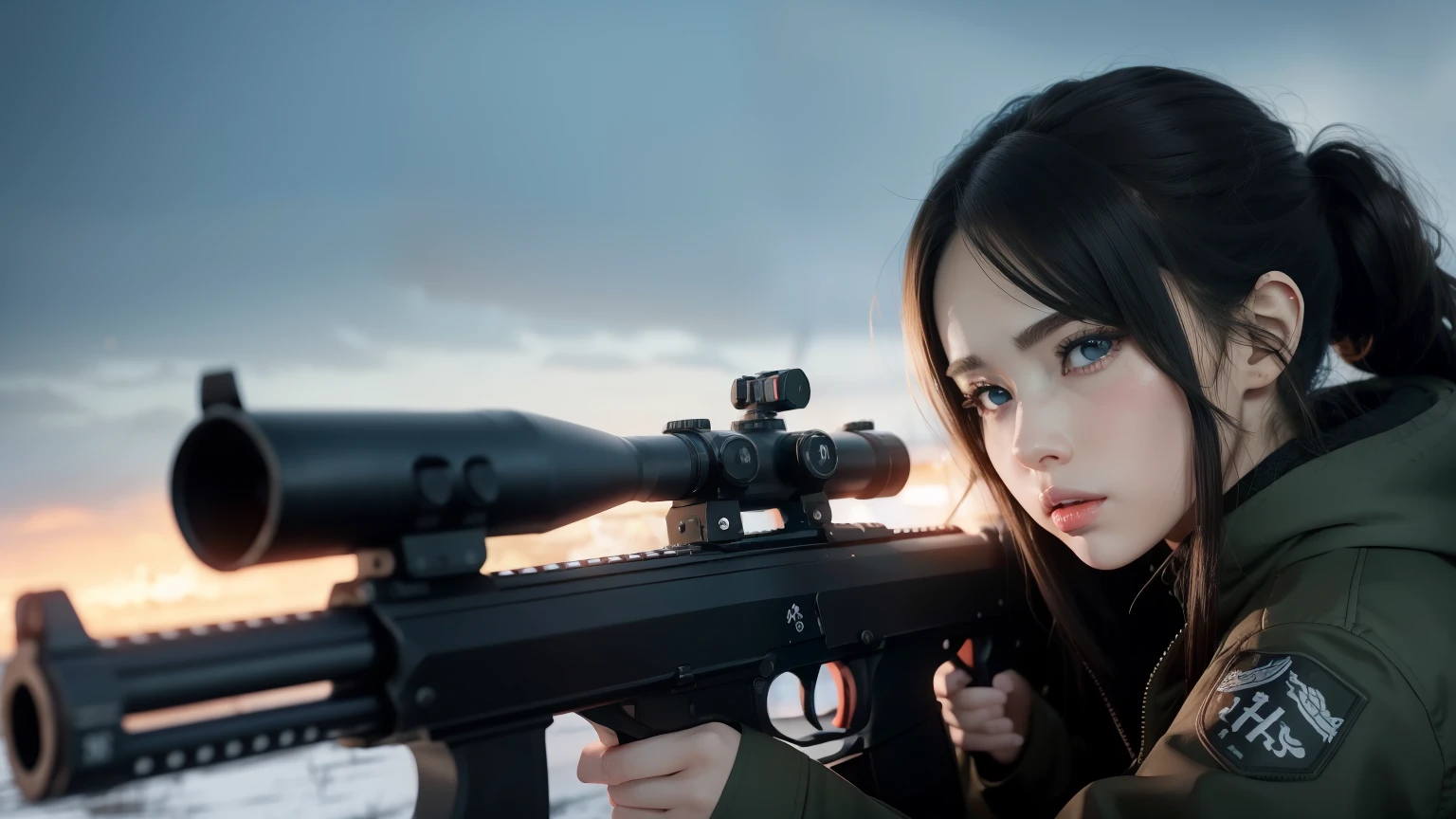 (8K, La mejor calidad, Obra maestra:1.2) personajes dos chicas de anime juntas labios rojos gruesos y calientes Ojos 4k y cara extremadamente detallados,hermosos ojos azules hermosos ,con pechos enormes muslos hechizantes cuerpo completo sentados en un banco en la nieve con un rifle, Desde NCSOFT, De Girls Frontline, Ilustraciones oficiales HDR,