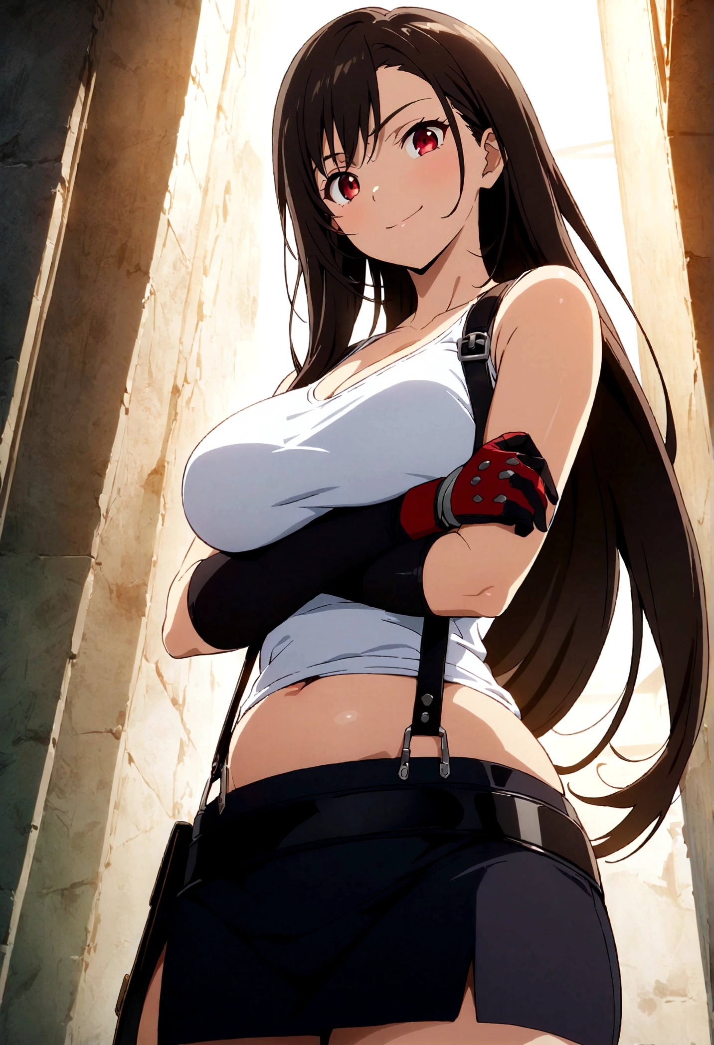 score_9, score_8_up, score_7_up, ,BREAK from below,medium angle,straight-on,medium shot,,, (highest quality, Very delicate and beautiful, High resolution),(cute), One girl, Tifa_Lockhart, smile:1.2,, suspenders, mini skirt, (Tank top), Black Hair, Long Hair, gloves, Beautiful and detailed red eyes, Midgar,, belly button.slim,rib, Abdominal muscles, ( large breasts:1.3),breasthold ,looking at viewer,crossed arms,sharp focus,depth of field,anime, anime artwork, anime style, key visual,game cg, highly detailed,
masterpiece, best quality, best aestethic,
, ,cinematic lighting,great lighting,