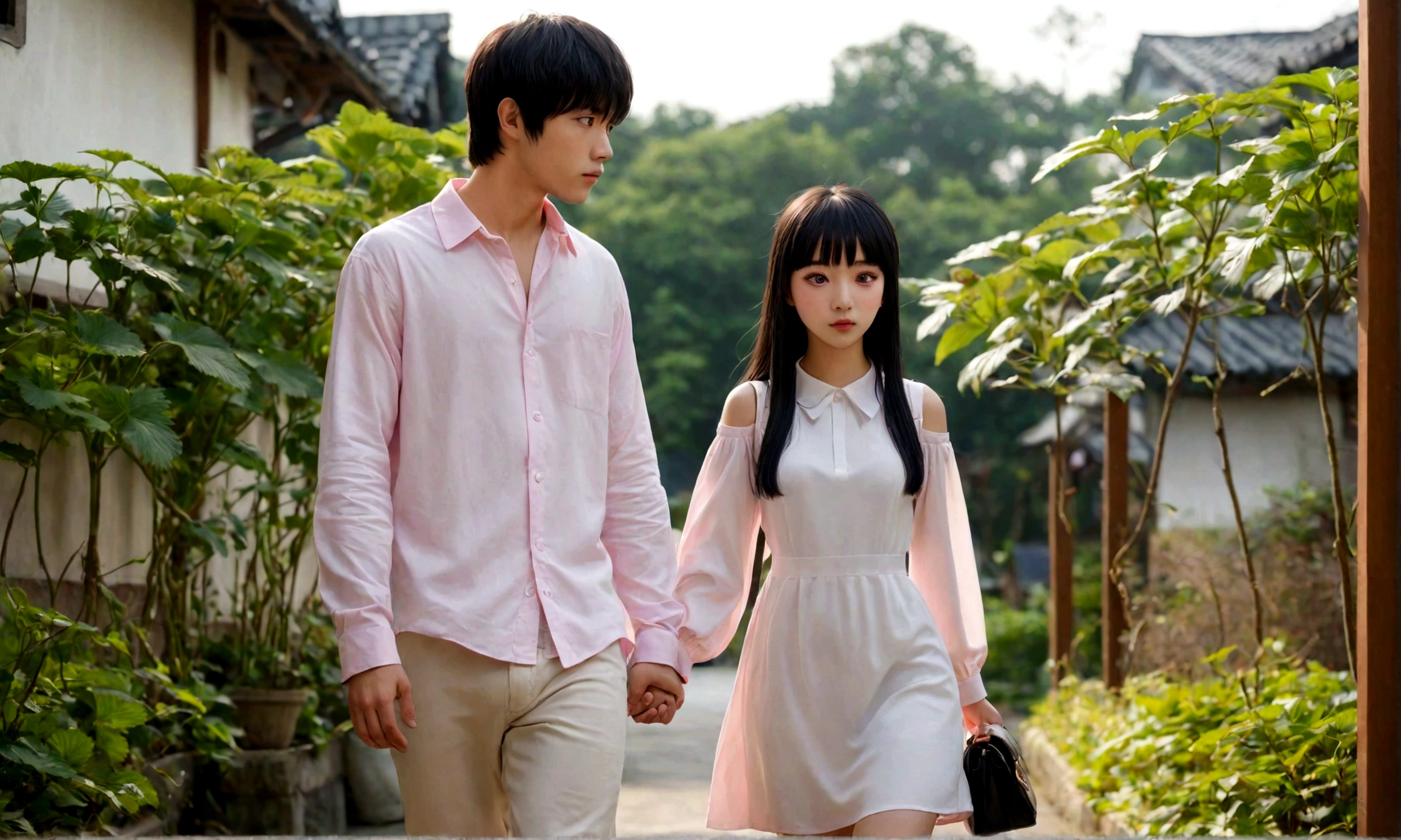 strawberry　pink　cute　girl　Boy is looking back in casual clothes　Two shots　Couple　whole body　 Long sleeve white dress, And heeled shoes. Her black bangs are straight、Each eye has three eyelashes。. Shine; Sparkling　strawberryの花　Going out　carrying a shoulder bag on one&#39;s shoulder　Date