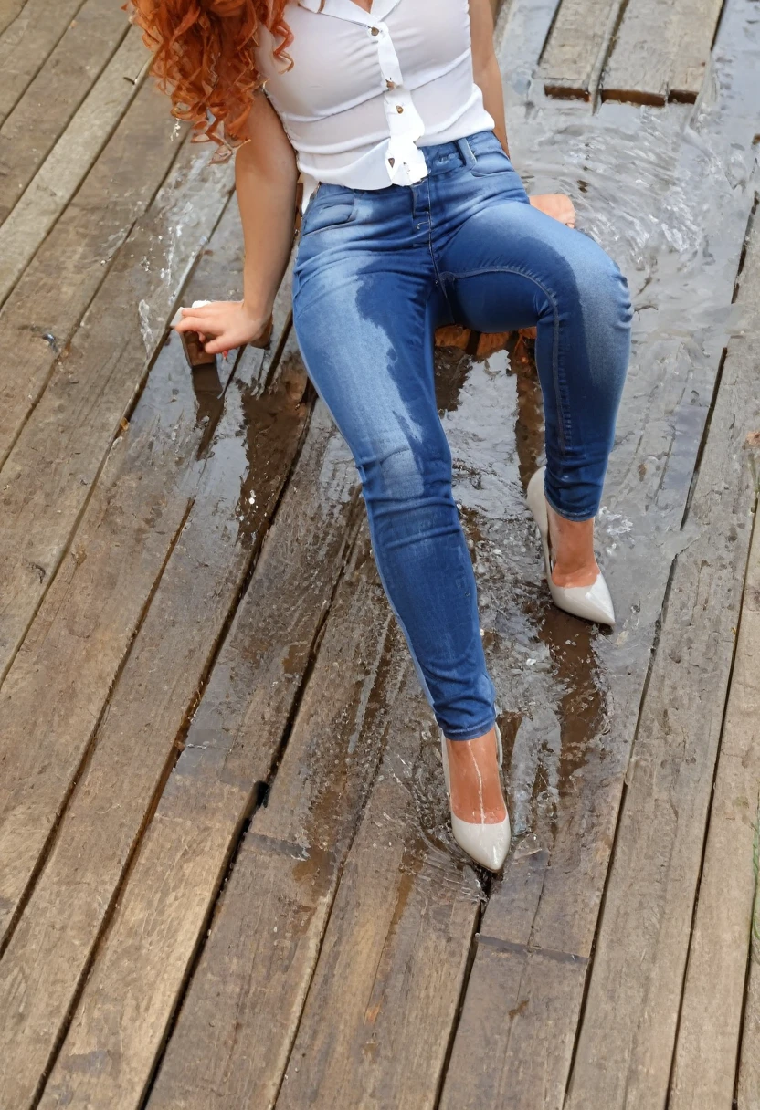 attractive redhead woman wearing skinny jeans, high heel pumps, curly hair, white blouse, sitting in a puddle of pee on a wood floor,  wetting, big smile, pee stains are gleaming wet, jeans really soaked with pee, lower legs soaked with pee