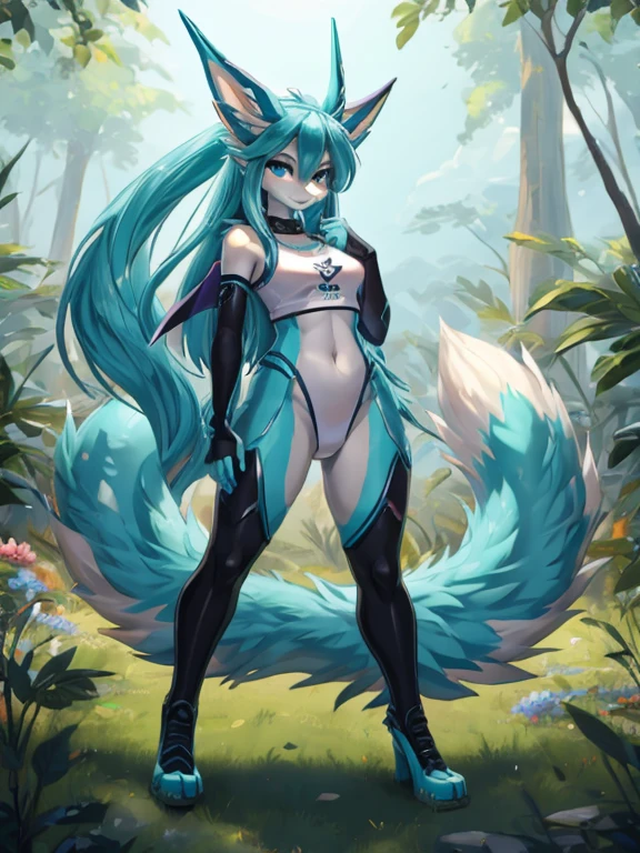 Hatsume miku x suicune , kitsune ears, art by dark natasha, jardin zen, art by dark natasha, art by vixen aztra, cuerpo completo, platas hermosas, cintura delgado, caderas amploas, piernas torneadas, hermosa, fullbody picture, licra white top with a logo, faldilla arabe color negro.