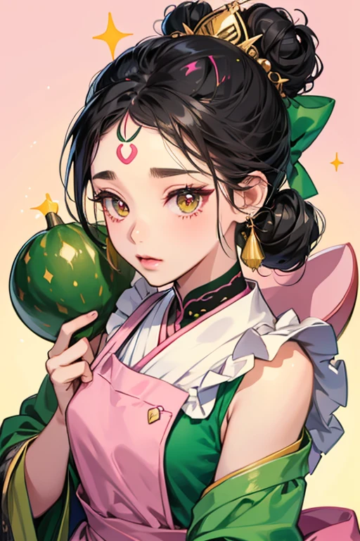 Misepatchi has a pink gourd shaped body. She has black bead eyes with eyelashes and her hair is tied up in a bun. She also wears a green bow on her forehead and a green apron. SPARKLE; GLITTER
