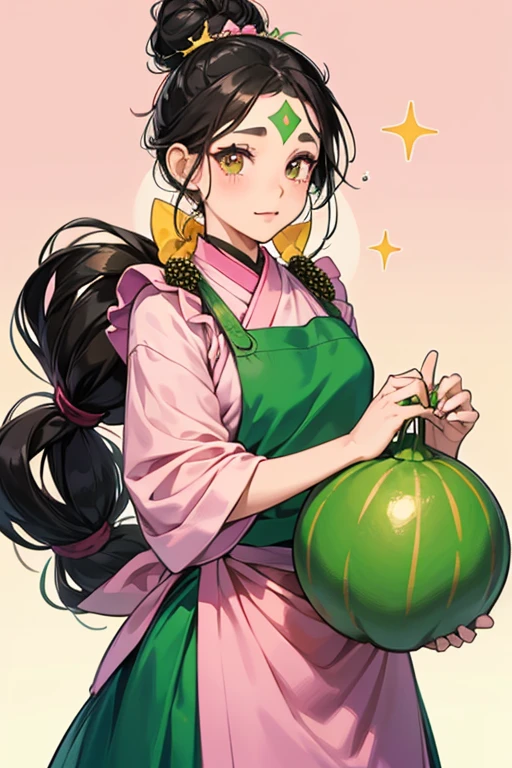 Misepatchi has a pink gourd shaped body. She has black bead eyes with eyelashes and her hair is tied up in a bun. She also wears a green bow on her forehead and a green apron. SPARKLE; GLITTER