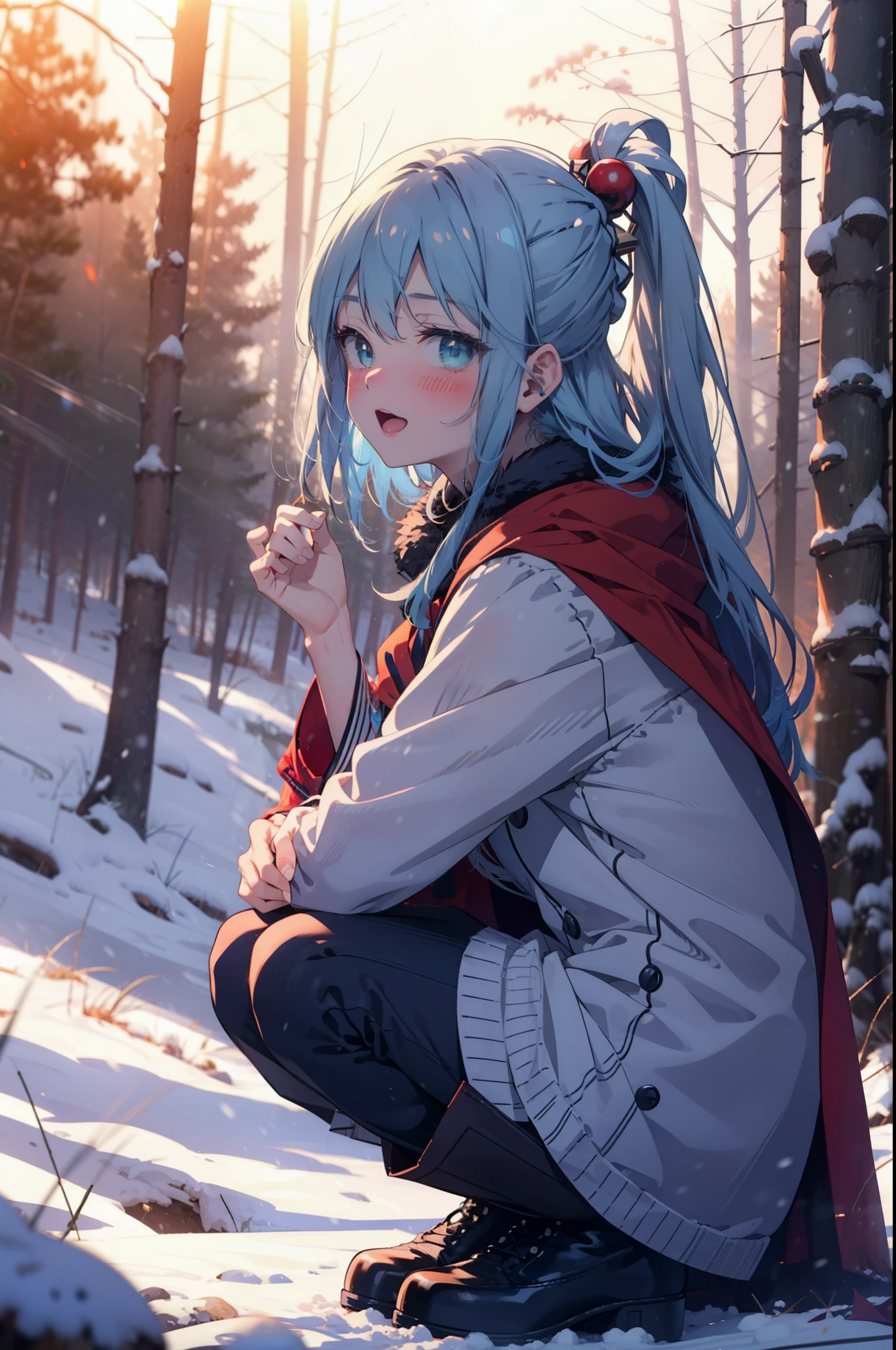 konosubaAqua, Aqua, Long Hair, blue eyes, hair ornaments, very Long Hair, Blue Hair, Hair Ring, シングルHair Ring, Hair ties,smile,smile,blush,White Breath,
Open your mouth,snow,Ground bonfire, Outdoor, boots, snowing, From the side, wood, suitcase, Cape, Blurred, , forest, White handbag, nature,  Squat, Mouth closed, Cape, winter, Written boundary depth, Black shoes, red Cape break looking at viewer, Upper Body, whole body, break Outdoor, forest, nature, break (masterpiece:1.2), highest quality, High resolution, unity 8k wallpaper, (shape:0.8), (Beautiful and beautiful eyes:1.6), Highly detailed face, Perfect lighting, Extremely detailed CG, (Perfect hands, Perfect Anatomy),