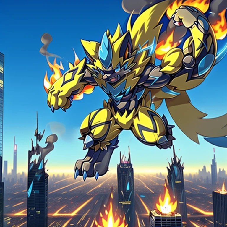 (dominating zeraora. Zeraora is over 1000 meters long. giant mechanical Muscular Zeraora is trampling the city. macro. stomp)
(smoke and flames rising from the destruction in the city, people running away.)