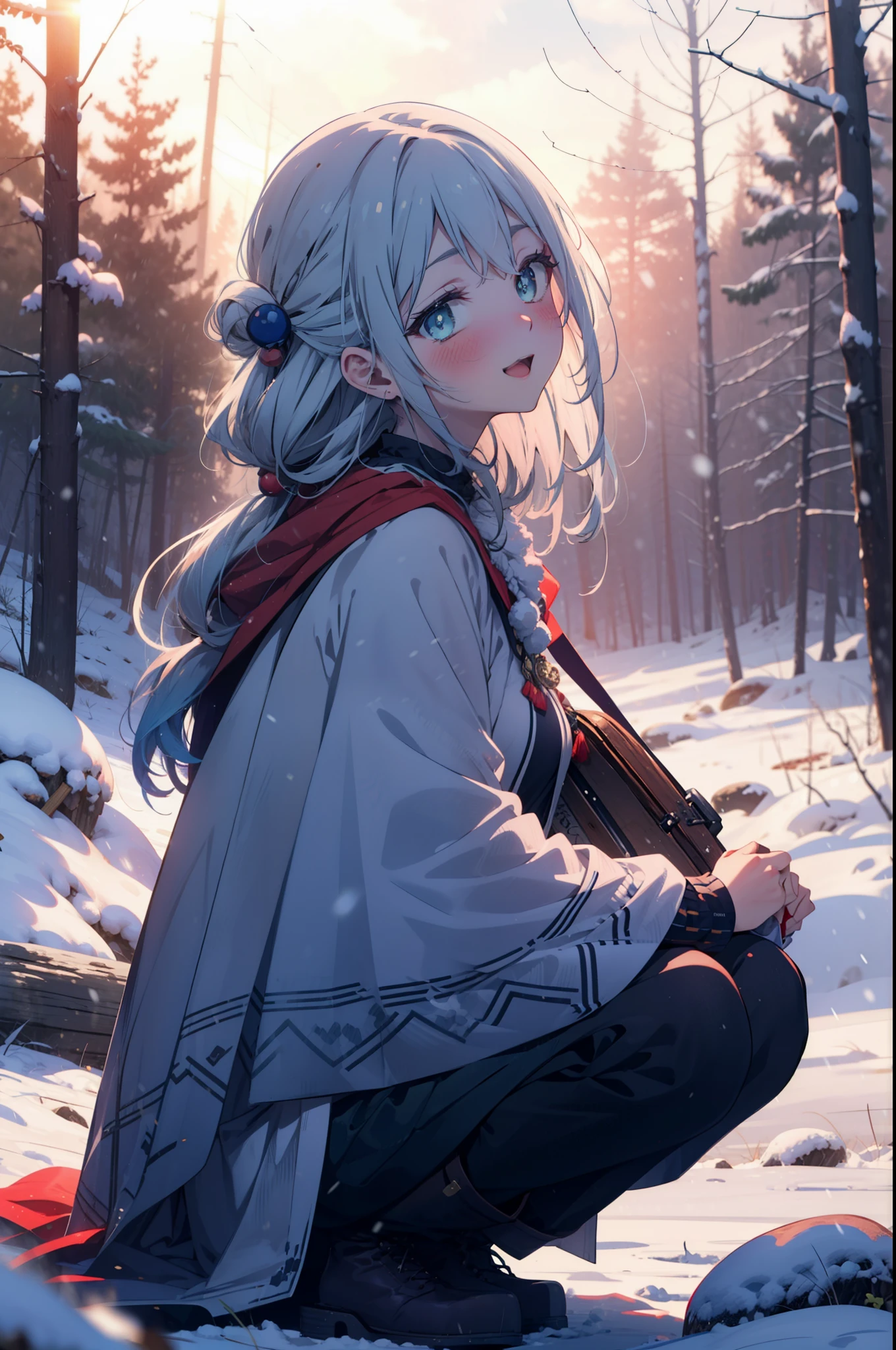 konosubaAqua, Aqua, Long Hair, blue eyes, hair ornaments, very Long Hair, Blue Hair, Hair Ring, シングルHair Ring, Hair ties,smile,smile,blush,White Breath,
Open your mouth,snow,Ground bonfire, Outdoor, boots, snowing, From the side, wood, suitcase, Cape, Blurred, , forest, White handbag, nature,  Squat, Mouth closed, Cape, winter, Written boundary depth, Black shoes, red Cape break looking at viewer, Upper Body, whole body, break Outdoor, forest, nature, break (masterpiece:1.2), highest quality, High resolution, unity 8k wallpaper, (shape:0.8), (Beautiful and beautiful eyes:1.6), Highly detailed face, Perfect lighting, Extremely detailed CG, (Perfect hands, Perfect Anatomy),