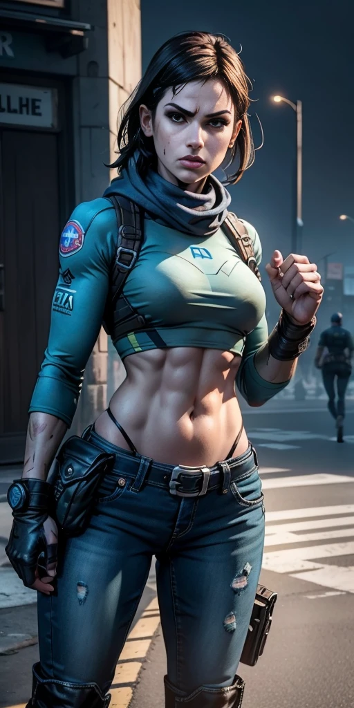 Obraprima, melhor qualidade, Ultra Detalhado, 8k, Jill Valentine Resident Evil, Pose de combate, cidade enfestada de zumbi, top azul rasgado, saia jeans, Botas, rosto bonito, perfect hands, corpo esbelto, cintura marcada, corpo magro, rosto simetrico, corpo proporcional, well-formed hands, art-station, foco fino