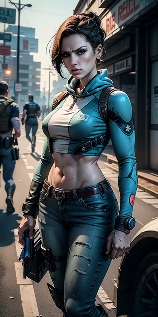 Obraprima, melhor qualidade, Ultra Detalhado, 8k, Jill Valentine Resident Evil, Pose de combate, cidade enfestada de zumbi, top azul rasgado, saia jeans, Botas, rosto bonito, perfect hands, corpo esbelto, cintura marcada, corpo magro, rosto simetrico, corpo proporcional, well-formed hands, art-station, foco fino