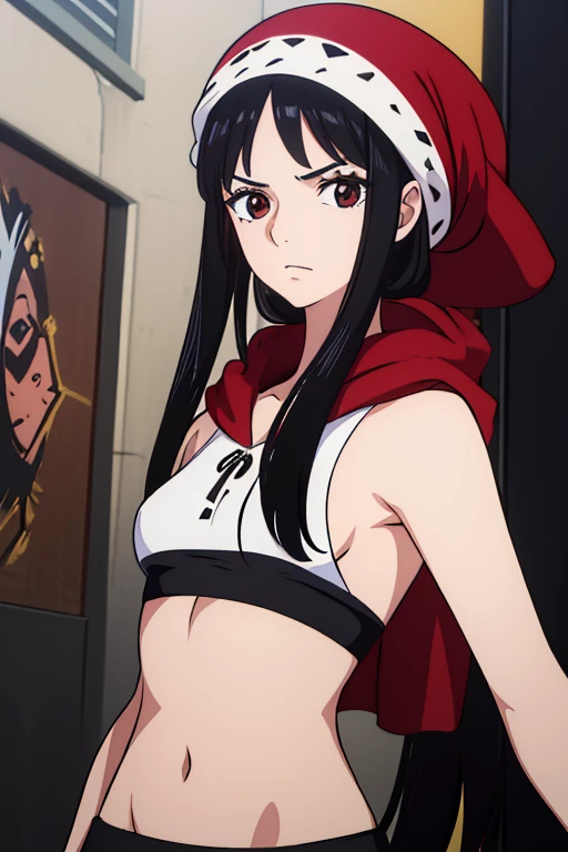 (best quality,4k,8k,highres,masterpiece:1.2), ultra-detailed, Animated, girl, mature face, long black hair, brown eyes, black hair, graffiti,, durag, cool girl, flat, determined, 2 knives swords on the back, fighter