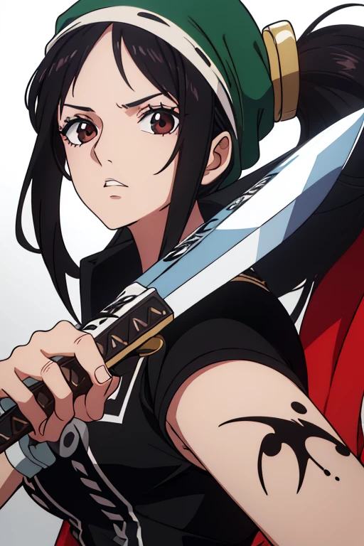 (best quality,4k,8k,highres,masterpiece:1.2), ultra-detailed, Animated, girl, mature face, long black hair, brown eyes, black hair, graffiti,, durag, cool girl, flat, determined, 2 knives swords on the back, fighter