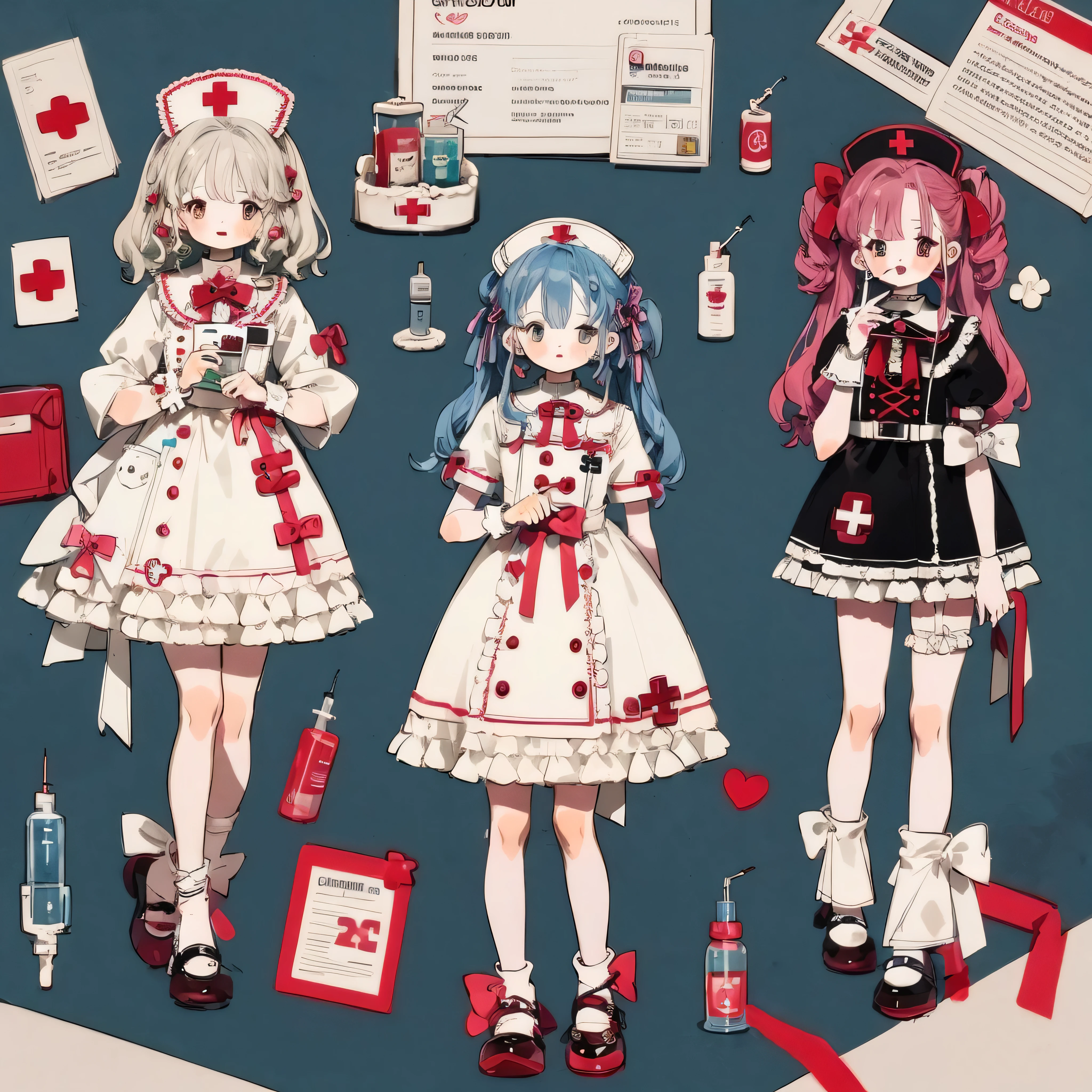 Character design，Q version，tchibi，Cute，The ratio of the head to the body，clothing design，ta prostitute，Gorgeous dresitts，curlies，very intricate，Exquisite，shift dresses，Bow knot，frilld，ribbon，bandagens，Nurse style，Huge syringe，pill，Red Cross，Y2K，E-girls，Unilateral eye patch，Love decoration，subculture，Sick，bloods