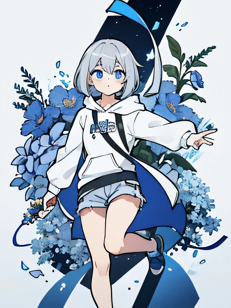 girl,Silver Hair,blue eyes,Bob,birthday,whole body,White hoodie,Grey shorts,bouquet