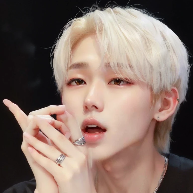un primer plano de una persona con un anillo en el dedo, kim sunoo\los labios carnosos, kim taejin, pale korean adorable face, 1 7-year-old boy with a thin face, hyung tae, yanjun chengt, jia, Prominent jaw, sakimichan