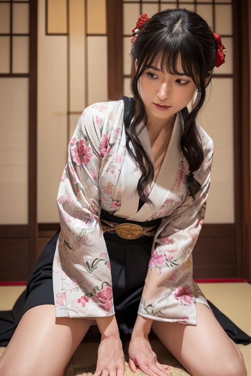 nsfw,(highest quality:1.2), 32K HDR, ((Angle view from below)),((kimonoを羽織る),((kimonoの下は裸)), ((Woman looking down)), ((Two people,men and women)),(Woman straddling a man),(Woman straddling a man's crotch),(Big penis),(Pussy),(Cowgirl),(Showing off your crotch),(Bow-legged),(Big cock),(Blushing),(Disheveled Hair),Elderly man and 30-year-old woman,High resolution,腰までのLong Hairの女性,Black-haired woman,Long Hair,Beautiful Hair,Japanese clothing,kimono,はだけたkimono,kimonoの帯は解いている,Slit eyes,Sell it, Hitomi,花柄のkimono,hairpin,Tatami room,Sliding doors,赤い花柄のkimono,Red lips,Dimly lit room,Candlelight,kimonoの前は開いている,Staring straight ahead with crying eyes,single beautiful eyes,30 year old intelligent woman,Woman lying on tatami mats,Woman looking up,Slender features,Japanese women,((太った男性に跨がるkimonoの女性)),rape,(Open your lips),(Stretching out the tongue),(Ecstasy),(Sensual look),(Dripping Sweat),((Beautiful woman)),(((Kiss))),((Deep Kiss)),
