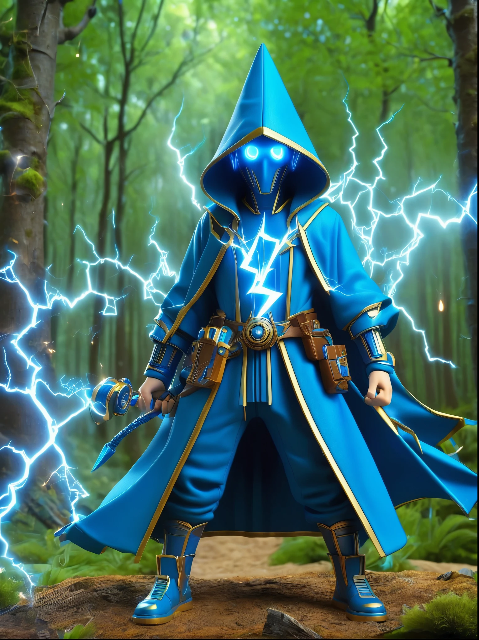 1boy, solo, Lightning energy，Electricity elements，Wearing a blue hooded mechanic robe，(A wizard beard on his chin)，Holding a blue staff，Center image，symmetry，Medieval magic forest background，Casting magic gesture，Blue Highlight Lightning，Explosion，Best quality，Original，Cartoon Style，3D character rendering，Created with C4D and Blender，precise，Blind box toy style，Super Detail，Anatomically correct，masterpiece, 1djxz1