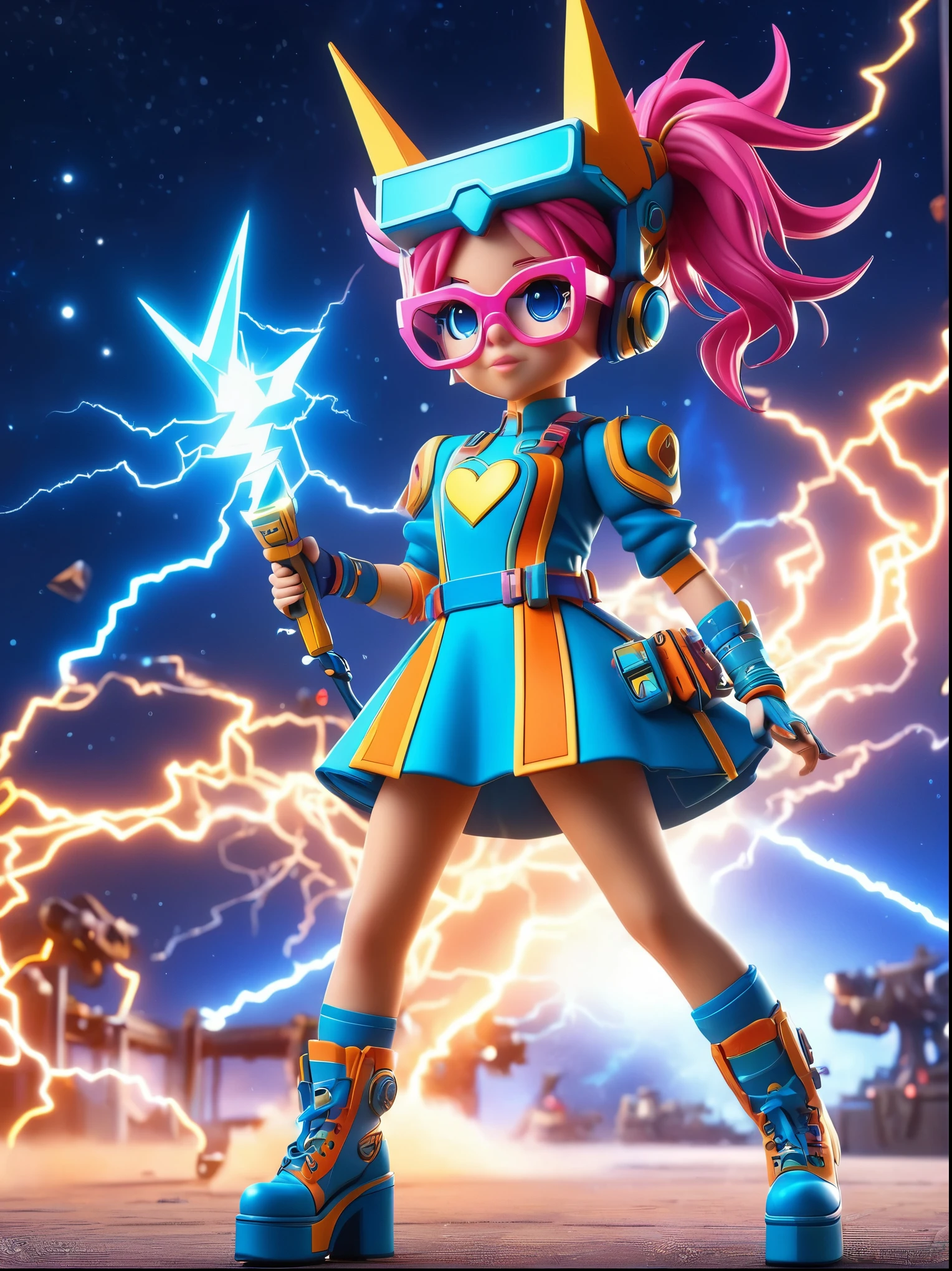 1girl, solo, Lightning energy，Electricity elements，Double ponytail，Love tiara，Wearing heart eye glasses，Blue Highlight Lightning，Wearing a bright pink and orange dress，High heel boots，Holding an electric love stick，Space starry sky background，Galactic battleship，Fighting Stance，Explosion，Best quality，Original，cowboy shot，Cartoon Style，3D character rendering，Created with C4D and Blender，precise，Blind box toy style，Super Detail，Anatomically correct，masterpiece, 1djxz1