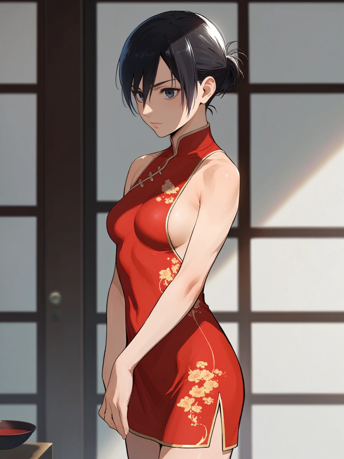 score_9, score_8_up, source_anime, solo, 1girl, tomboy, dress, annie leonhart,  attack on titan, lole, young, ((aged down)), ikuchan, black hair, black hair, oriental, Chinese dress, short dress, short hair, indoors, boob window