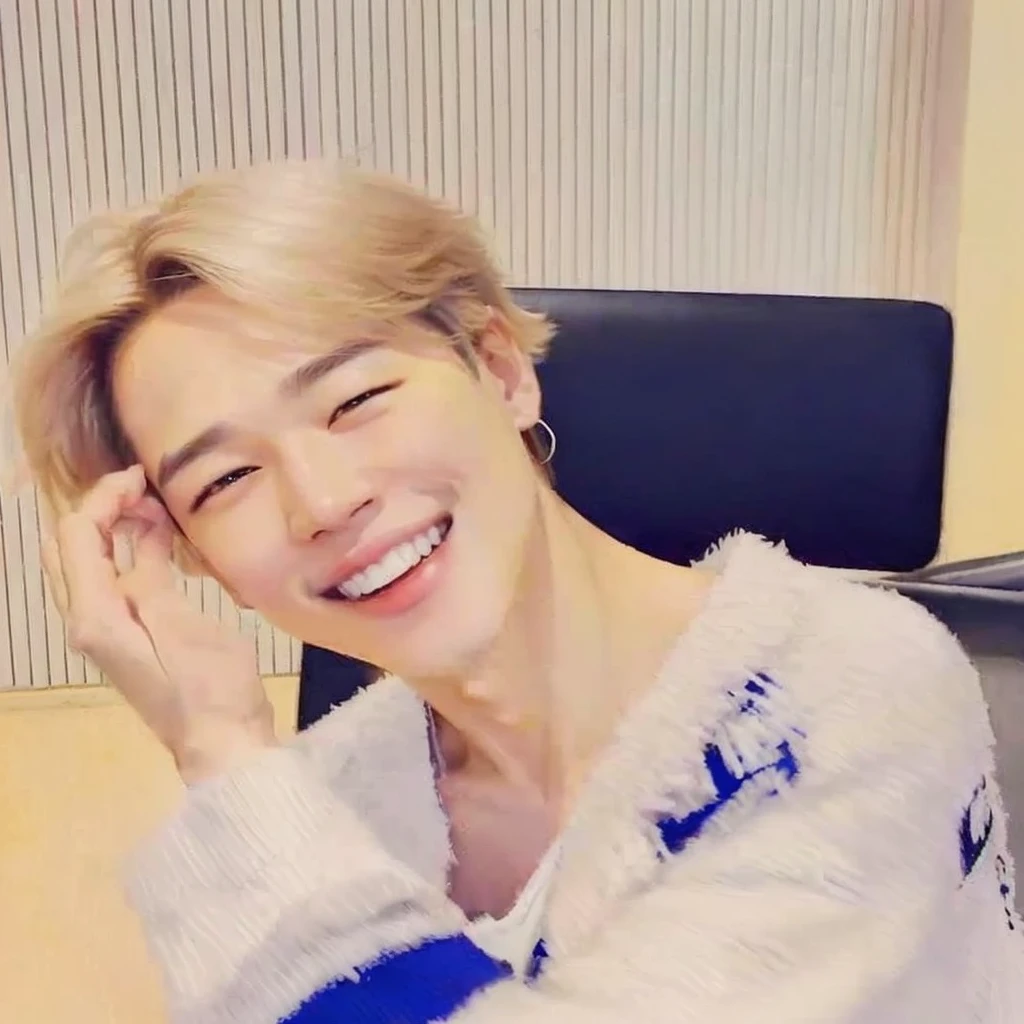 Busty man sitting on a chair with his hand on his head, accurate Jimin face, park Jimin, Jimin\o nariz grego, Jimin\the right eyelid is swollen, Jimin, Jimin\the full lips, chorando e sorrindo freneticamente, hyung tae, taejune kim, adorable and pale korean face, vestindo uma camisa rindo, he is smiling, kpop boy, korean face, korean masculine face, jimin bts