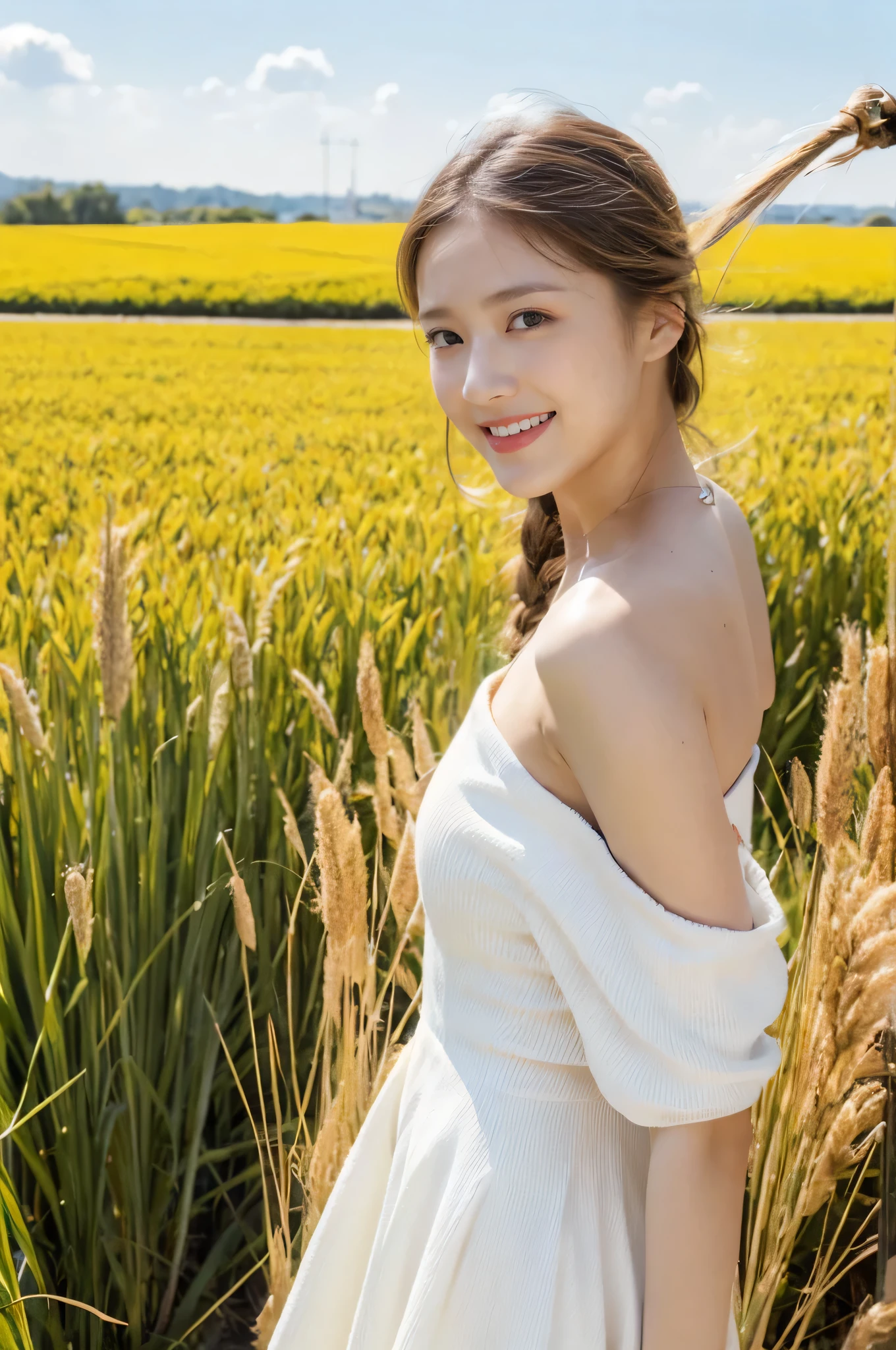((masterpiece, Top image quality, high resolution、solitary、Radiant Skin))(on the table, best quality, Practical, Super detailed, meticulous, high resolution, 8k wallpaper), Close-up portrait of a beautiful woman, like, Smile, Light brown messy hair, Perfect dynamic composition, Beautiful and meticulous eyes, Like the cover of a fashion magazine, On Campus