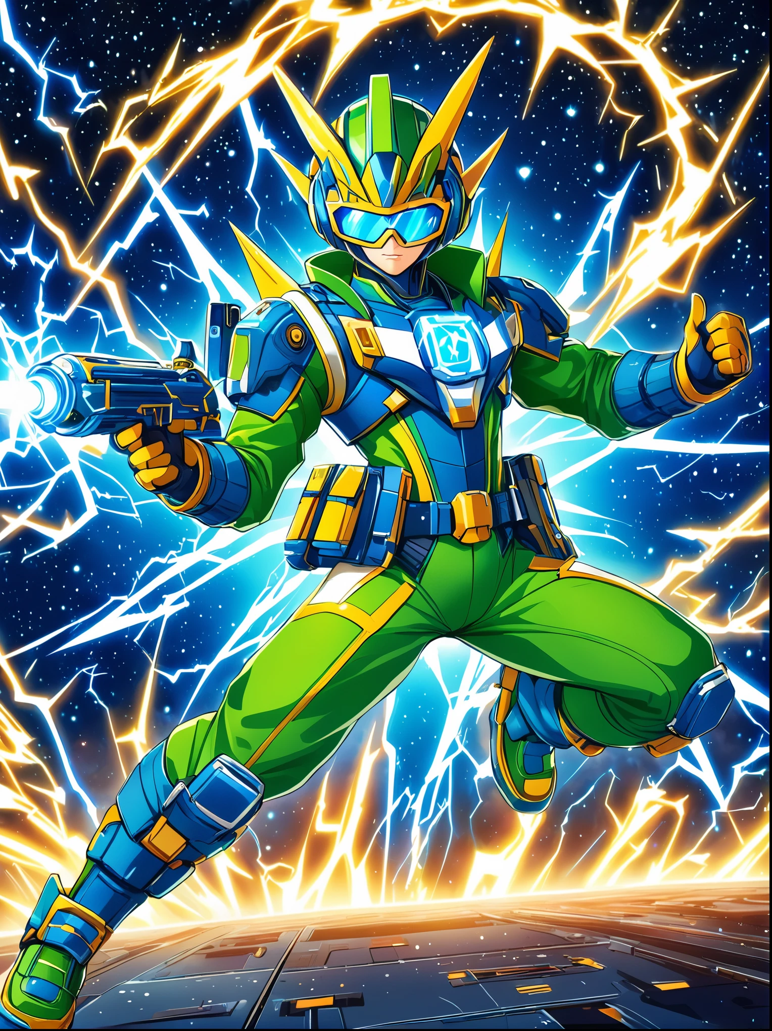 1boy, solo, Lightning energy，Electricity elements，Wearing a pointed headdress，Wearing large rectangular glasses，Blue Highlight Lightning，Wearing bright blue and green square clothing，High heel boots，Holding an electric weapon，Space starry sky background，Galactic battleship，Fighting Stance，Explosion，Best quality，Original，Cartoon Style，Vector illustration，Smooth and clear brushstrokes，precise，Anime Illustrations，Super Detail，Anatomically correct，masterpiece, 1djxz1