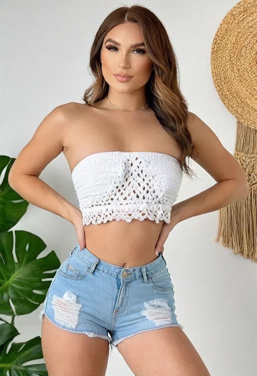 (((high quality:1.2))), Work of art, (8k), extremely detailed, ((High detail:1.2)) ((best resolution)), (Hotlexi woman), (Alaina Dawson), Solo, 24 years old female, (strapless crop top, mini-shorts),