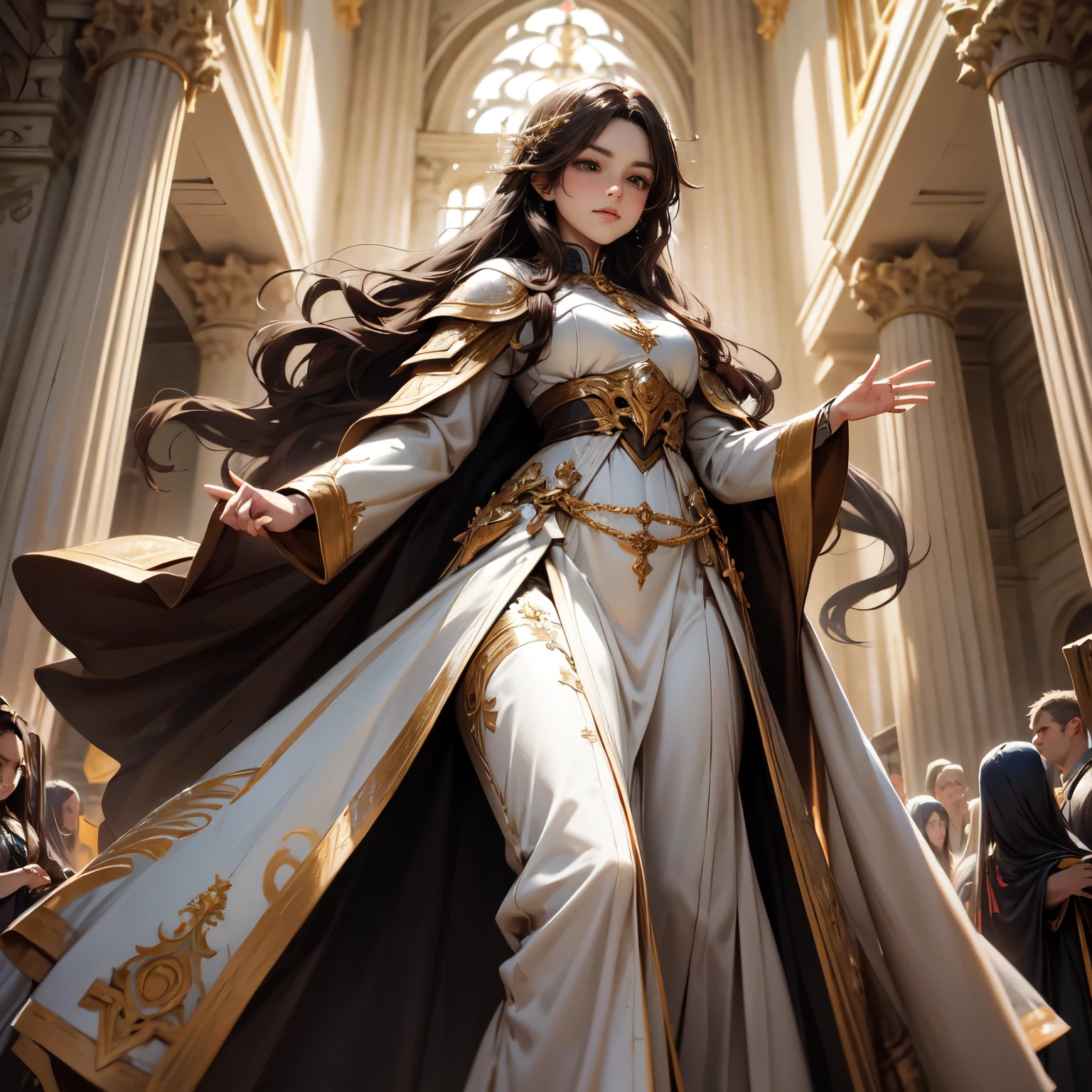 Create an 8K ultra HD digital image of a noble dark brown haired Holy Oracle warrior, longos e lisos, vestido com trajes de batalha e realeza, in the castle&#39;s throne room. O guerreiro tem olhos verdes brilhantes e pele morena. He is dressed in royal velvet armor of emerald green with gold and silver trim., Adorned with magical jewels that glow softly. Ele usa uma coroa de ouro com pedras preciosas e pulseiras de ouro nos pulsos. In the throne hall, o guerreiro empunha a Espada de Zeus. The sword is made of celestial gold and emits golden rays, with divine inscriptions along the blade that shine brightly. The hilt of the sword is adorned with small rays and lightning., simbolizando seu poder supremo. Ele segura a espada em uma pose de comando, pronto para defender seu reino, while electric sparks dance around you. The Sword of Zeus is known for its ability to control thunder and lightning, e uma aura de poder divino emana dela. The throne hall is majestic, com um trono ornamentado ao fundo, rich tapestries on the walls and large windows with colorful stained glass. The sunlight filtered through the stained glass windows creates a spectacle of colors on the marble floor. The image should capture the grandeur and authority of the throne hall, highlighting the warrior&#39;s interaction with the Sword of Zeus.