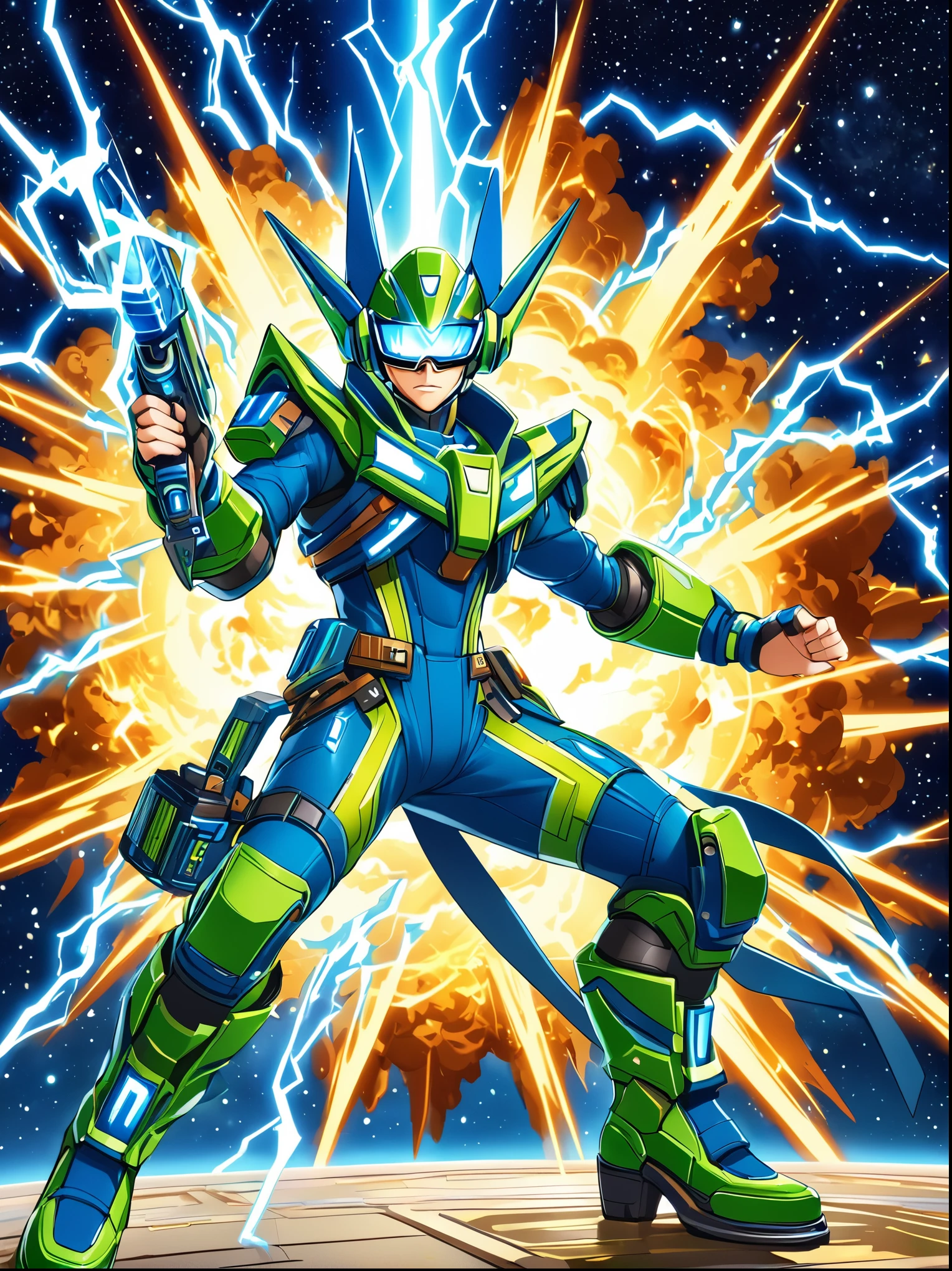 1boy, solo, Lightning energy，Electricity elements，Wearing a pointed headdress，Wearing large rectangular glasses，Blue Highlight Lightning，Wearing bright blue and green square clothing，High heel boots，Holding an electric weapon，Space starry sky background，Galactic battleship，Fighting Stance，Explosion，Best quality，Original，Cartoon Style，Vector illustration，Smooth and clear brushstrokes，precise，Anime Illustrations，Super Detail，Anatomically correct，masterpiece, 1djxz1