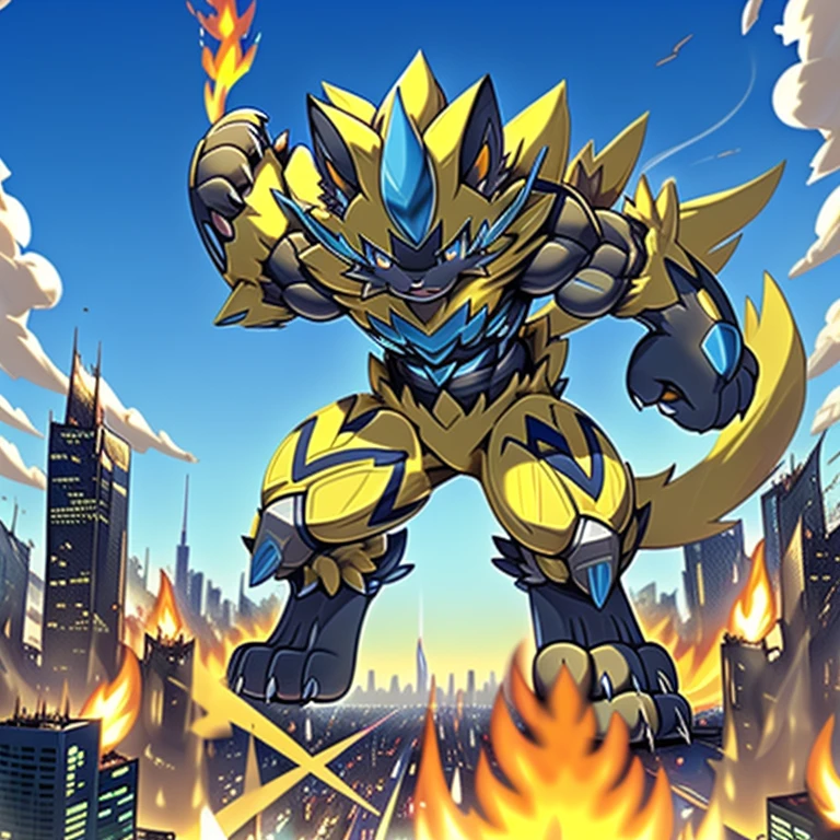 (dominating zeraora. Zeraora is over 1000 meters long. giant mechanical Muscular Zeraora is trampling the city. Looking down. macro. stomp)
(smoke and flames rising from the destruction in the city, people running away.)