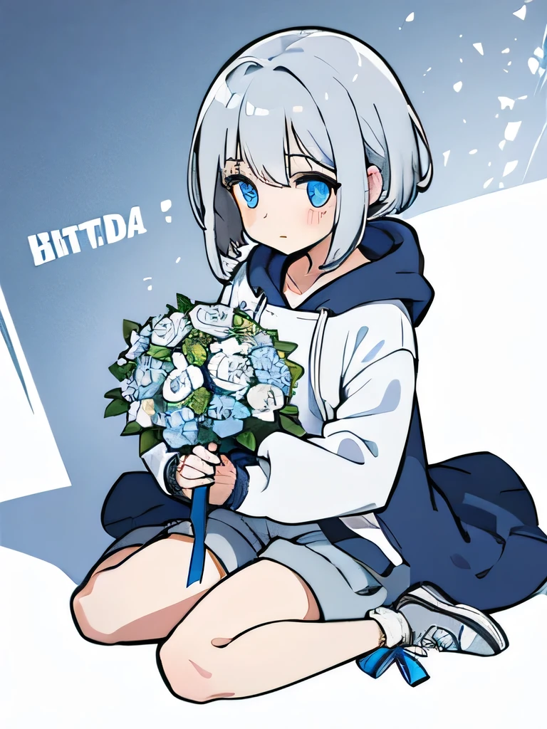 girl,Silver Hair,blue eyes,Bob,birthday,whole body,White hoodie,Grey shorts,bouquet