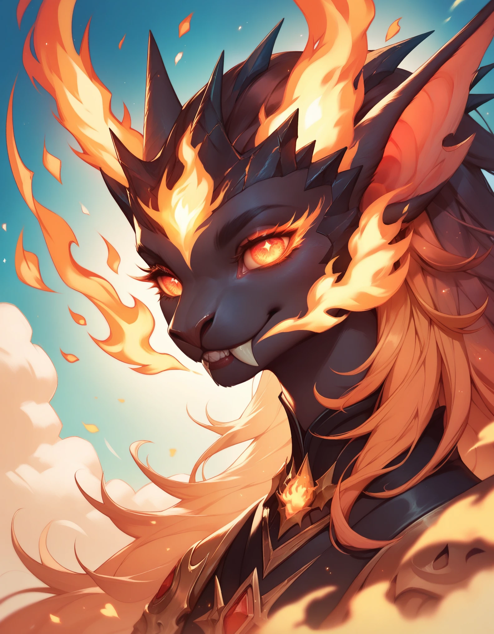 score_9, score_8_up, score_7_up, fire elemental, high fantasy, cute creature, swirling fire, transparent, ethereal, majestic, detailed digital art, expressive eyes, fiery sky background, magical elements,