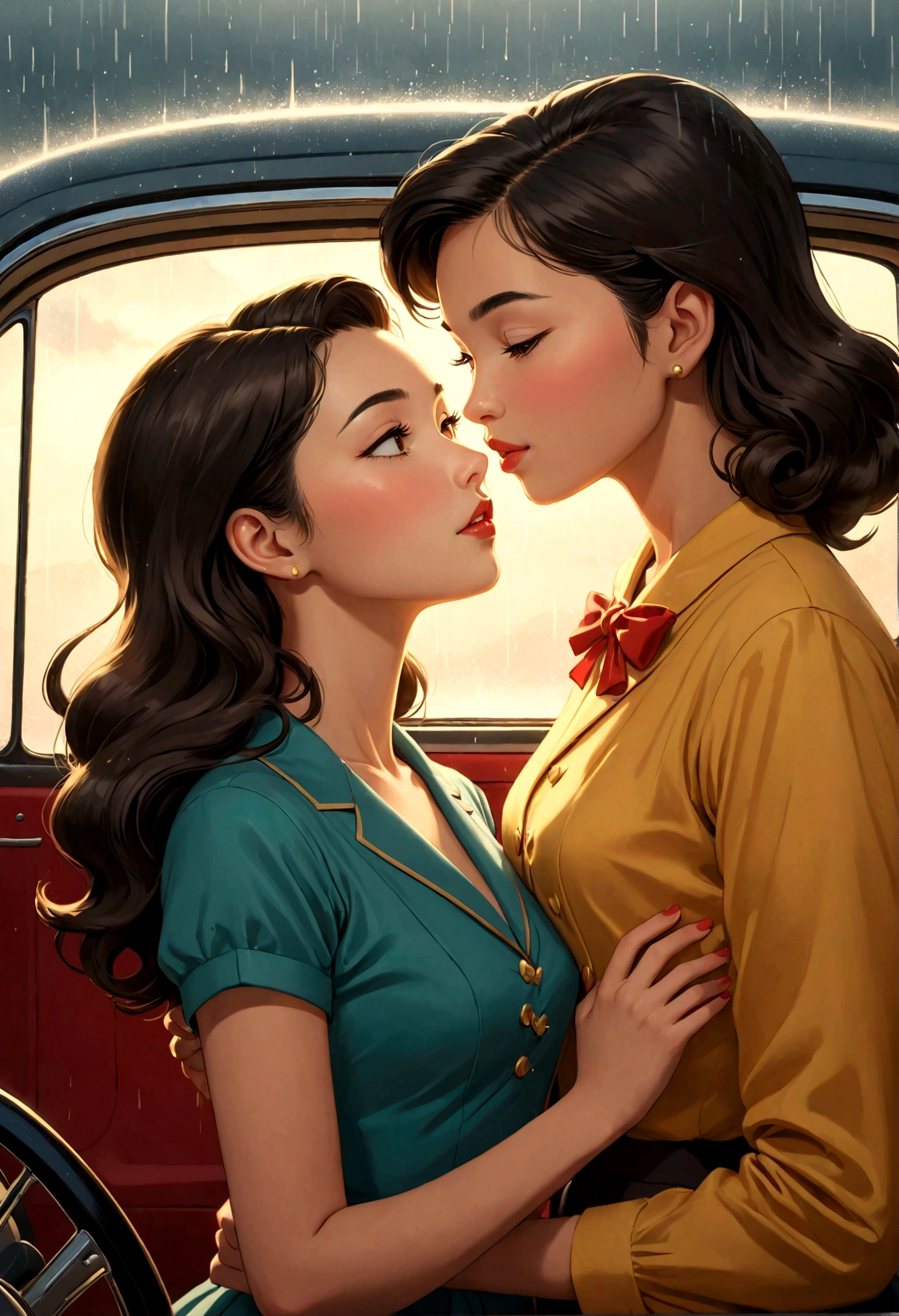 Name "The Loyal Pin (Sarocha Chankimha-Rebeca Armstrong)" in an elegant and dynamic 3D font in metallic gold and Create an idyllic and perfect image in Anime Illustration style, of two women in love inside a car about to kiss . One is a beautiful Asian woman with long dark hair, dressed in clothes from the 50s and she is about to be kissed by the other woman, a beautiful British woman with semi-long brown hair, dressed in clothes from the 50s.
The scene is completed with a rainy landscape and they are hugging inside the car with the windows fogged up.
