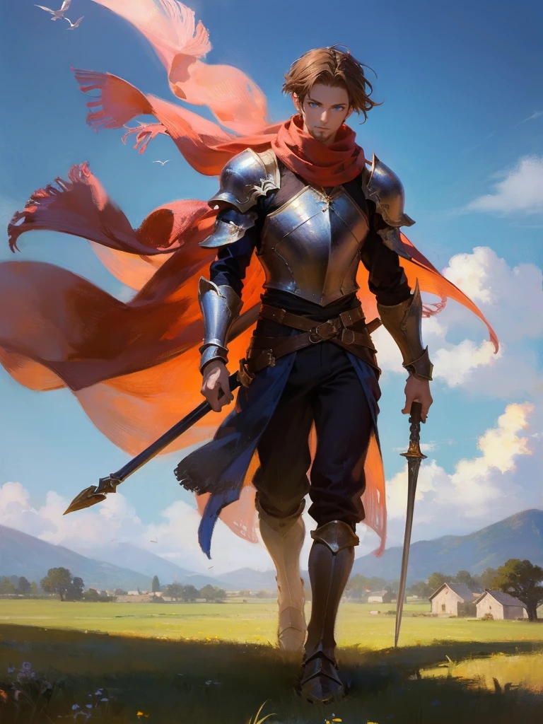 masterpiece, best quality, rpg character art, epic fantasy art style, 1 man, Thalis, 35 year old man, tall, adventurous and daring, quick reflexes and fearless attitude, medium-length brown hair that constantly looks windswept and piercing blue eyes, full body fantasy concept art, high detail, casual medieval clothes (wears lightweight armor made from sky-steel, designed for speed and mobility, and a scarf that flutters in the wind), holding 2 scimitars, intricate details, ultra high resolution, sharp focus, HD, 8k, clear facial features, clear details, background is an open field, zoomed out view