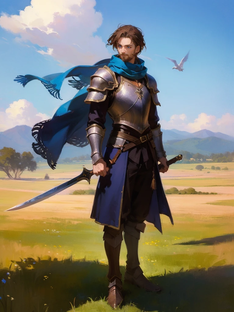 masterpiece, best quality, rpg character art, epic fantasy art style, 1 man, Thalis, 35 year old man, tall, adventurous and daring, quick reflexes and fearless attitude, medium-length brown hair that constantly looks windswept and piercing blue eyes, full body fantasy concept art, high detail, casual medieval clothes (wears lightweight armor made from sky-steel, designed for speed and mobility, and a scarf that flutters in the wind), holding 2 scimitars, intricate details, ultra high resolution, sharp focus, HD, 8k, clear facial features, clear details, background is an open field, zoomed out view