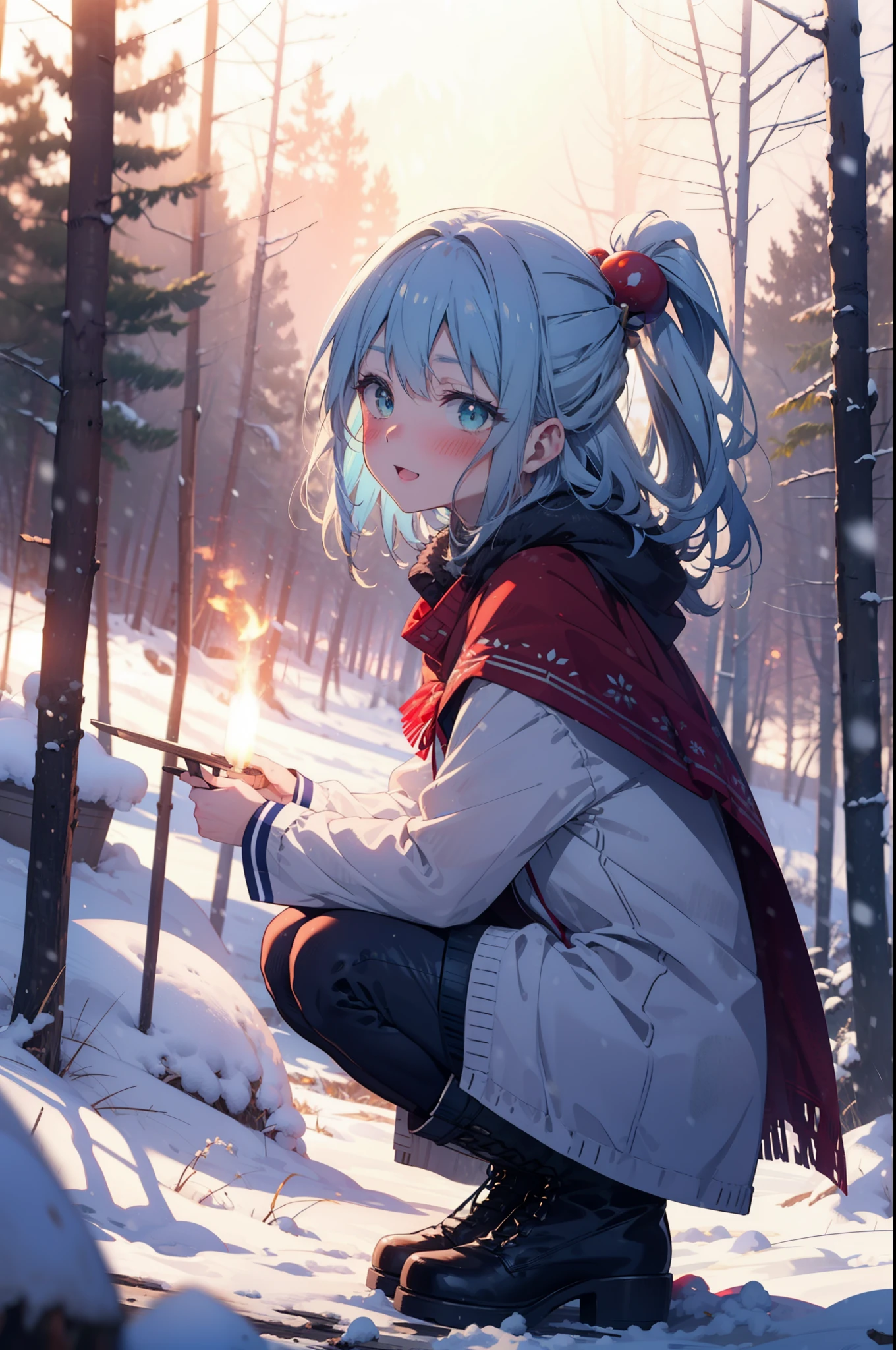 konosubaAqua, Aqua, Long Hair, blue eyes, hair ornaments, very Long Hair, Blue Hair, Hair Ring, シングルHair Ring, Hair ties,smile,smile,blush,White Breath,
Open your mouth,snow,Ground bonfire, Outdoor, boots, snowing, From the side, wood, suitcase, Cape, Blurred, , forest, White handbag, nature, Squat, Mouth closed, Cape, winter, Written boundary depth, Black shoes, red Cape break looking at viewer, Upper Body, whole body, break Outdoor, forest, nature, break (masterpiece:1.2), highest quality, High resolution, unity 8k wallpaper, (shape:0.8), (Beautiful and beautiful eyes:1.6), Highly detailed face, Perfect lighting, Extremely detailed CG, (Perfect hands, Perfect Anatomy),