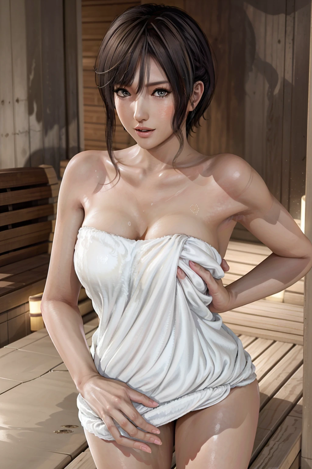 1girl, solo, standing, nagisa, (wearing towel, inside_sauna:1.3), (sweat), oiled, gleaming skin, shiny skin, juice BREAK (masterpiece), (specular lighting:1.3), (hyperrealistic:1.2), (photorealistic face:1.2), (perfect face), (perfect eyes), (best quality), (8k), (4k), sharp focus, octane render, best quality, extremely detailed, intricate, fantasy, soft lighting, (gigantic hanging breasts), (skindentation:1.3), (chubby:1.2), (voluptuous:1.2), thick eyelashes, long eyelashes, smile, blush, oil