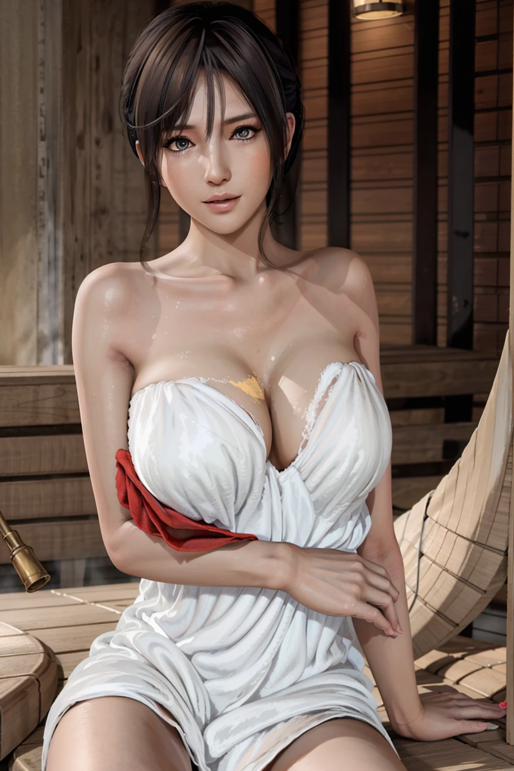 1girl, solo, standing, nagisa, (wearing towel, inside_sauna:1.3), (sweat), oiled, gleaming skin, shiny skin,  juice BREAK (masterpiece), (specular lighting:1.3), (hyperrealistic:1.2), (photorealistic face:1.2), (perfect face), (perfect eyes), (best quality), (8k), (4k), sharp focus, octane render, best quality, extremely detailed, intricate, fantasy, soft lighting, (gigantic hanging breasts), (skindentation:1.3), (chubby:1.2), (voluptuous:1.2), thick eyelashes, long eyelashes, smile, blush, oil