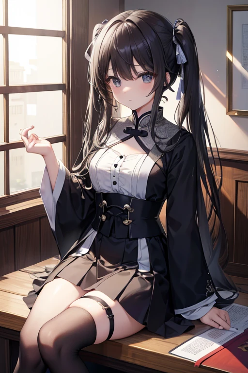 A high-definition anime masterpiece, A Japanese girl stands confidently in front of a window covered with black silk, she的铂金色双马尾在后面错综复杂地垂落着, Shiny Curls. Wear new, Boss、Formal JK suit with exquisite ribbon, she散发着神秘而迷人的气息. she stockings, Secure with white garter, The skirt is pulled up slightly,凸显出she修长的双腿, 露出she的腿环. Knees bent slightly, she若有所思地凝视着窗外, she那锐利的红色瞳孔反射着柔和的, Room lighting. she