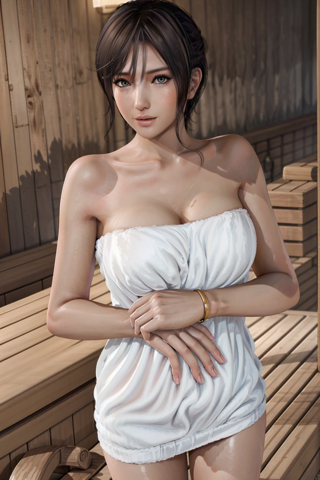 1girl, solo, standing, nagisa, (wearing towel, inside_sauna:1.3), (sweat), oiled, gleaming skin, shiny skin,  juice BREAK (masterpiece), (specular lighting:1.3), (hyperrealistic:1.2), (photorealistic face:1.2), (perfect face), (perfect eyes), (best quality), (8k), (4k), sharp focus, octane render, best quality, extremely detailed, intricate, fantasy, soft lighting, (gigantic hanging breasts), (skindentation:1.3), (chubby:1.2), (voluptuous:1.2), thick eyelashes, long eyelashes, smile, blush, oil