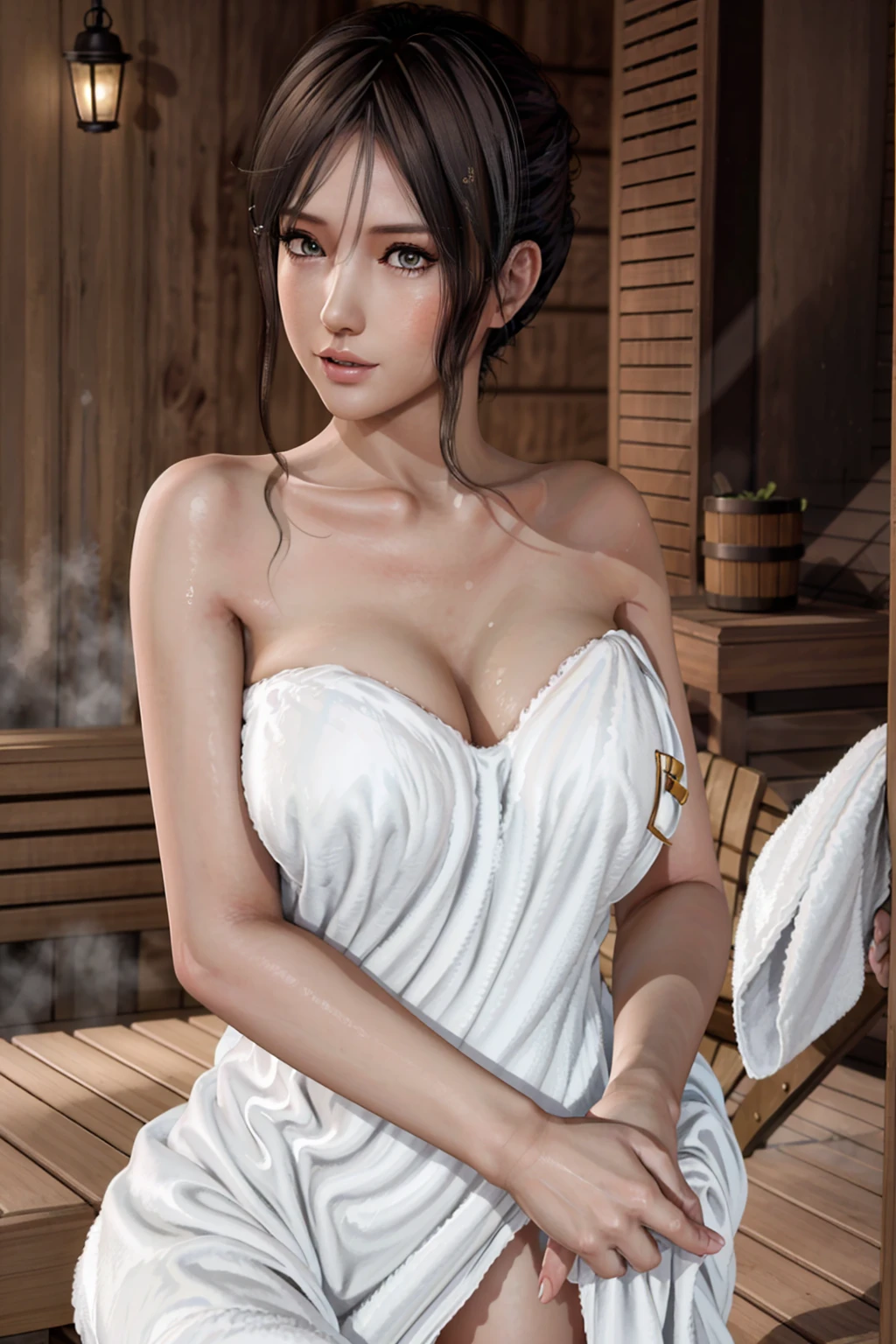 1girl, solo, standing, nagisa, (wearing towel, inside_sauna:1.3), (sweat), oiled, gleaming skin, shiny skin, juice BREAK (masterpiece), (specular lighting:1.3), (hyperrealistic:1.2), (photorealistic face:1.2), (perfect face), (perfect eyes), (best quality), (8k), (4k), sharp focus, octane render, best quality, extremely detailed, intricate, fantasy, soft lighting, (gigantic hanging breasts), (skindentation:1.3), (chubby:1.2), (voluptuous:1.2), thick eyelashes, long eyelashes, smile, blush, oil