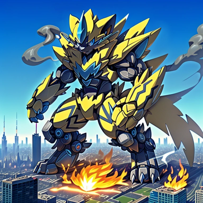 (dominating zeraora. Zeraora is over 1000 meters long. giant mechanical Muscular Zeraora is trampling the city. Looking down. macro. stomp) 
(smoke and flames rising from the destruction in the city)
Additional details: (masterpiece, official art, 8k, best quality) (high-tech bio-mecha armor, real texture material), 
