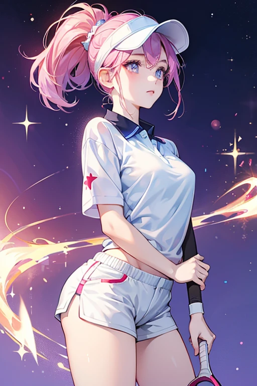 she has pale blue skin, and a flame-like hairstyle. sHe has oval-shaped eyes with red four-pointed stars for pupils. sHe wears a white polo shirt, white shorts, and a white visor. sHe often carries a light pinkish-purple tennis racket with her. SPARKLE; GLITTER