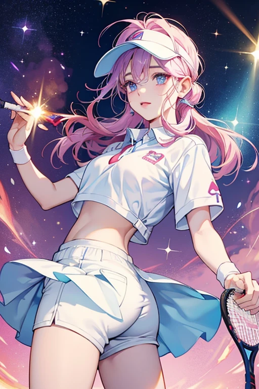 she has pale blue skin, and a flame-like hairstyle. sHe has oval-shaped eyes with red four-pointed stars for pupils. sHe wears a white polo shirt, white shorts, and a white visor. sHe often carries a light pinkish-purple tennis racket with her. SPARKLE; GLITTER
