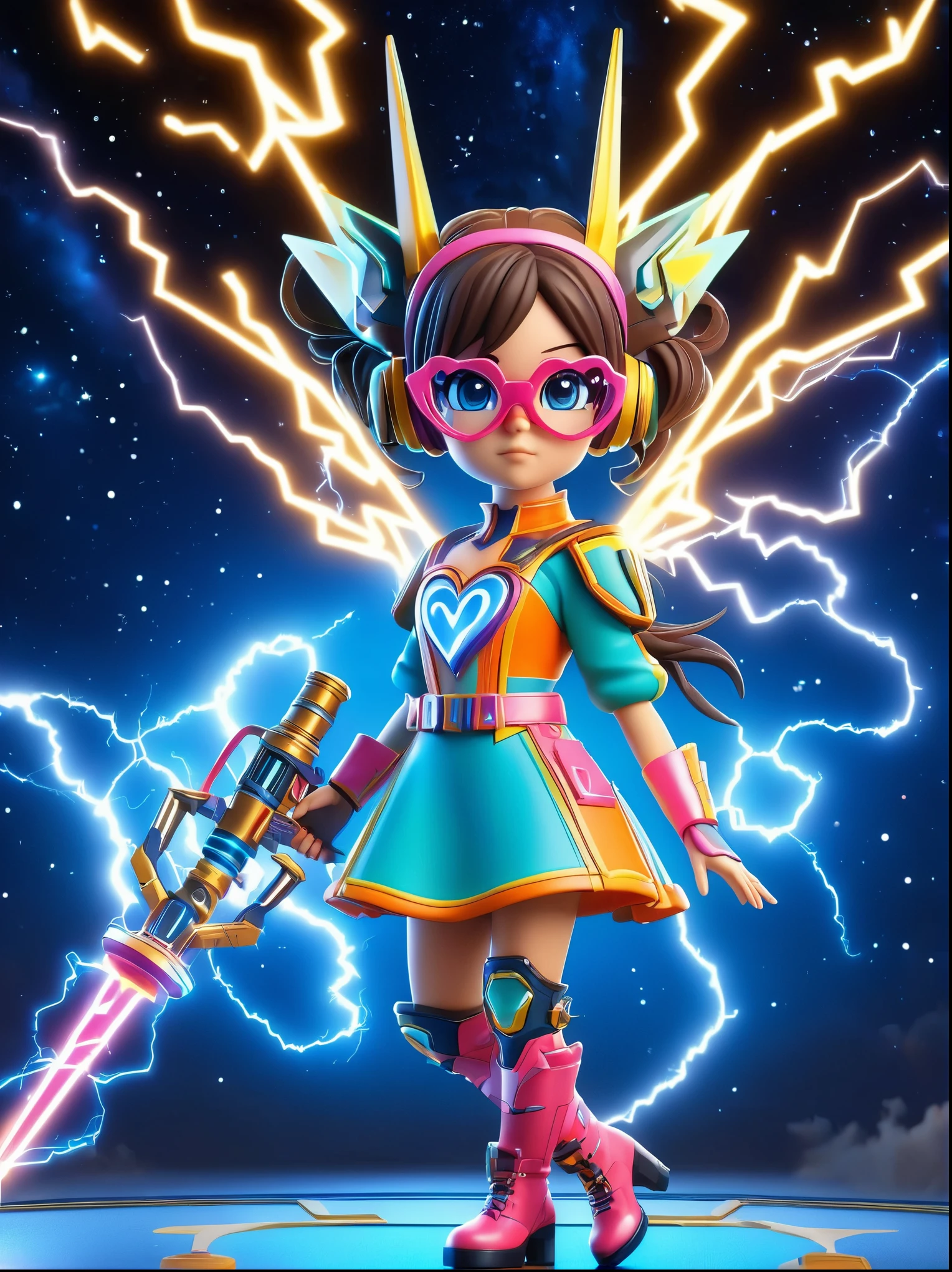 1girl, solo, Lightning energy，Electricity elements，Double ponytail，Love tiara，Wearing heart eye glasses，Blue Highlight Lightning，Wearing a bright pink and orange dress，High heel boots，Holding an electric love stick，Space starry sky background，Galactic battleship，Fighting Stance，Explosion，Best quality，Original，cowboy shot，Cartoon Style，3D character rendering，Created with C4D and Blender，precise，Blind box toy style，Super Detail，Anatomically correct，masterpiece, 1djxz1