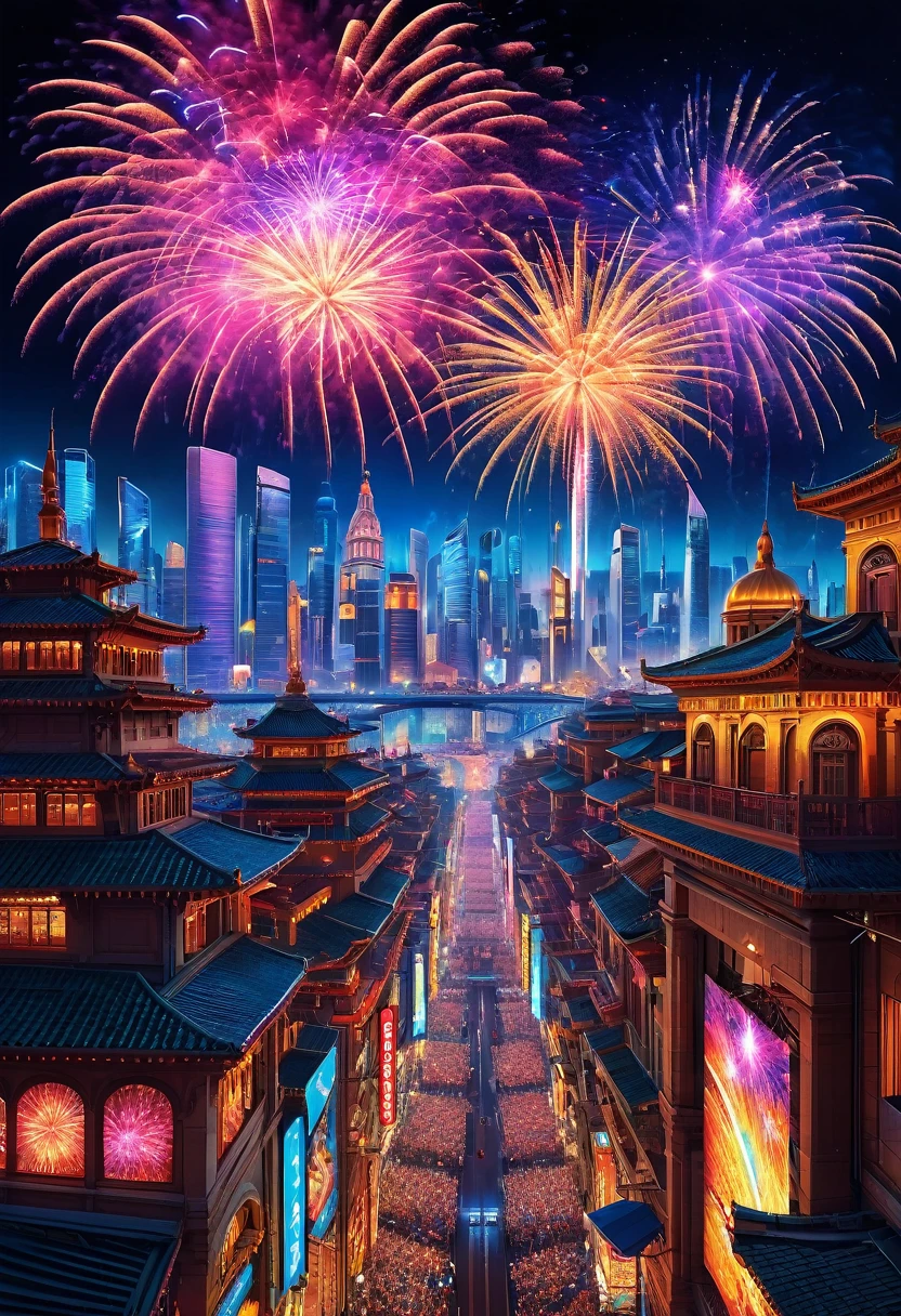 ((masterpiece)),((best quality)),((high detail)),((realistic,)) Futuristic era city, architectural streets, bazaars, cyberpunk, european architecture, night, neon, panoramic view, various buildings, new year, fireworks, panoramic, colorful fireworks, sky with fireworks, landscape, detailed face, detailed bright eye, highly detailed eye