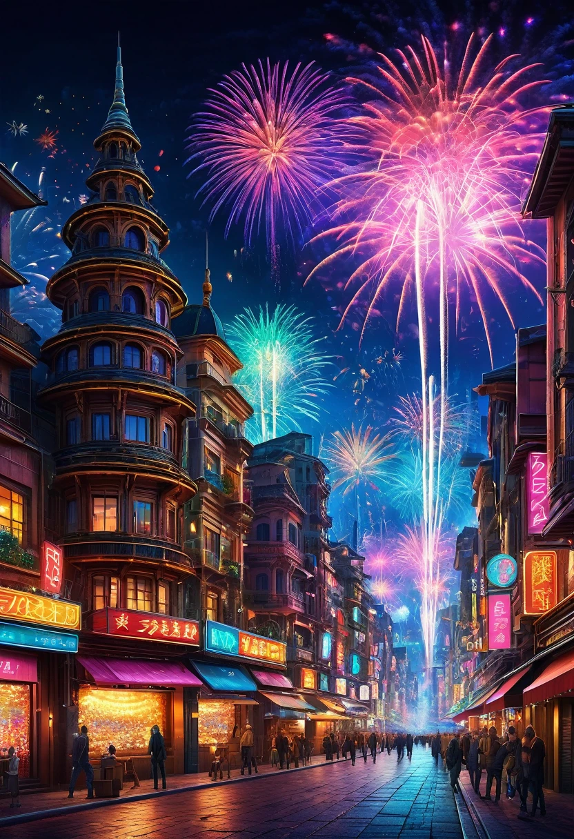 ((masterpiece)),((best quality)),((high detail)),((realistic,)) Futuristic era city, architectural streets, bazaars, cyberpunk, european architecture, night, neon, panoramic view, various buildings, new year, fireworks, panoramic, colorful fireworks, sky with fireworks, landscape, detailed face, detailed bright eye, highly detailed eye