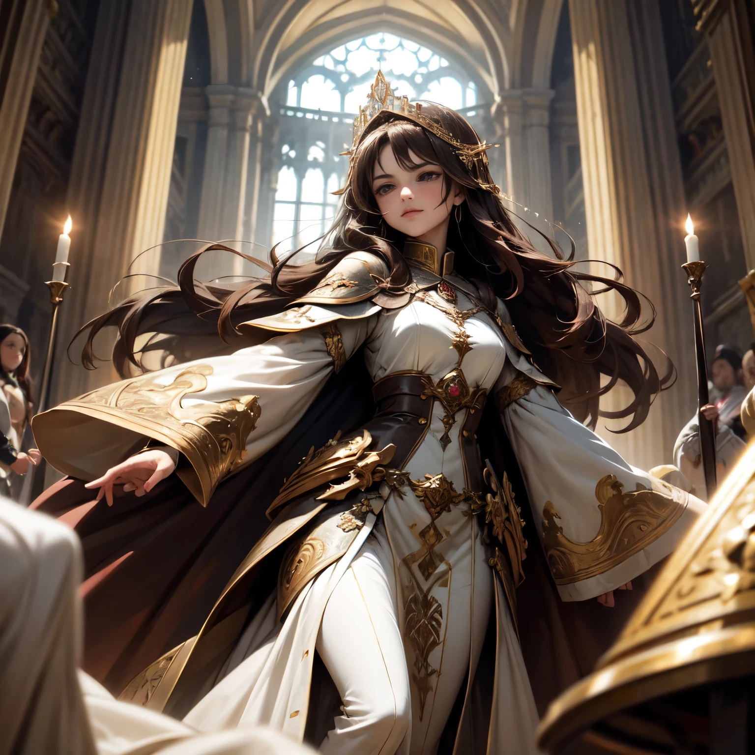 Create an 8K ultra HD digital image of a noble dark brown haired Holy Oracle warrior, longos e lisos, vestido com trajes de batalha e realeza, in the castle&#39;s ballroom and ballroom. O guerreiro tem olhos verdes brilhantes e pele morena. He is dressed in royal velvet armor of emerald green with gold and silver trim., Adorned with magical jewels that glow softly. Ele usa uma coroa de ouro com pedras preciosas e pulseiras de ouro nos pulsos. In the ballroom and ballroom, o guerreiro empunha a Espada de Zeus. The sword is made of celestial gold and emits golden rays, with divine inscriptions along the blade that shine brightly. The hilt of the sword is adorned with small rays and lightning., simbolizando seu poder supremo. Ele segura a espada em uma pose majestosa, while electric sparks dance around you. The Sword of Zeus is known for its ability to control thunder and lightning, e uma aura de poder divino emana dela. The party and dance hall is grand, with an imposing central chandelier that illuminates the room with a warm light. The walls are decorated with lush tapestries and gilded mirrors., reflecting light and creating a feeling of space and opulence. Tables full of banquets and musicians playing ancient instruments complete the scene. The image should capture the magnificence and celebration of the hall, highlighting the warrior&#39;s interaction with the Sword of Zeus.