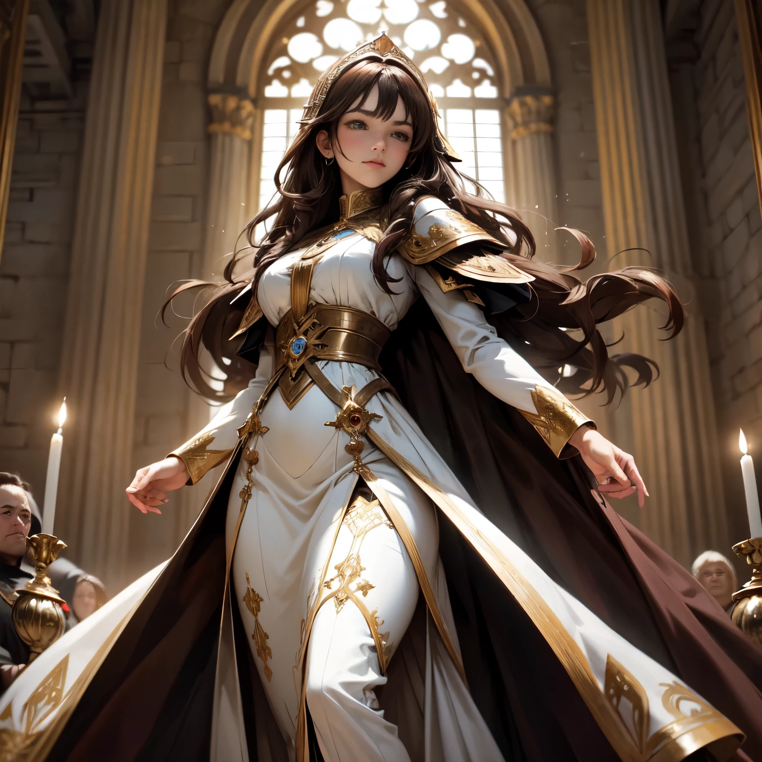 Create an 8K ultra HD digital image of a noble dark brown haired Holy Oracle warrior, longos e lisos, vestido com trajes de batalha e realeza, in the castle&#39;s magic arts hall. O guerreiro tem olhos verdes brilhantes e pele morena. He is dressed in royal velvet armor of emerald green with gold and silver trim., Adorned with magical jewels that glow softly. Ele usa uma coroa de ouro com pedras preciosas e pulseiras de ouro nos pulsos. In the hall of magical arts, o guerreiro empunha a Espada de Zeus. The sword is made of celestial gold and emits golden rays, with divine inscriptions along the blade that shine brightly. The hilt of the sword is adorned with small rays and lightning., simbolizando seu poder supremo. He holds the sword in a pose of concentration, while electric sparks dance around you. The Sword of Zeus is known for its ability to control thunder and lightning, e uma aura de poder divino emana dela. The magic arts hall is mysterious and enchanting, com mesas cheias de frascos, pergaminhos e livros antigos. Magical circles and arcane symbols are drawn on the floor, e cristais brilhantes flutuam no ar. The light of candles and magic lamps creates an atmosphere of mystery and power. The image should capture the magic and mystique of the room, highlighting the warrior&#39;s interaction with the Sword of Zeus.